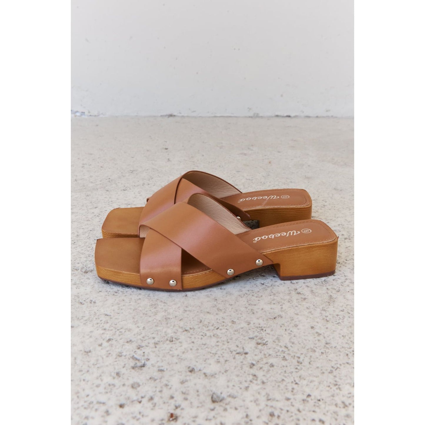 Weeboo Step Into Summer Criss Cross Wooden Clog Mule in Brown