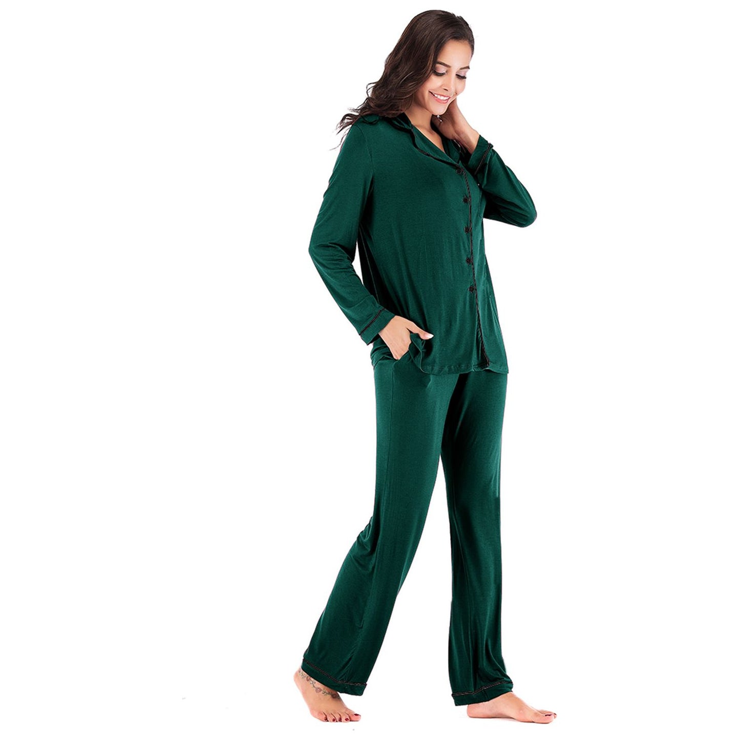 Collared Neck Long Sleeve Loungewear Set with Pockets