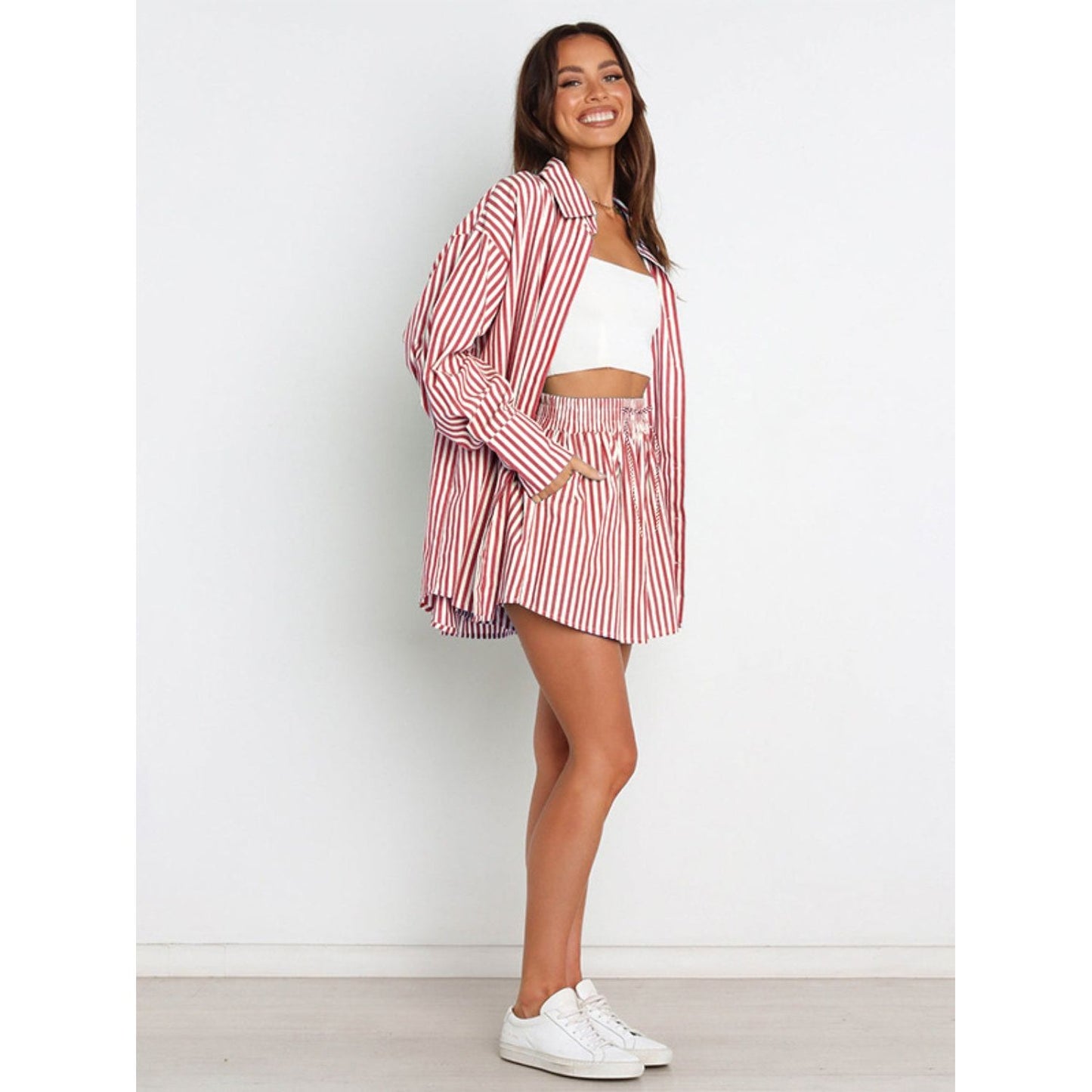 Striped Dropped Shoulder Shirt and Shorts Set