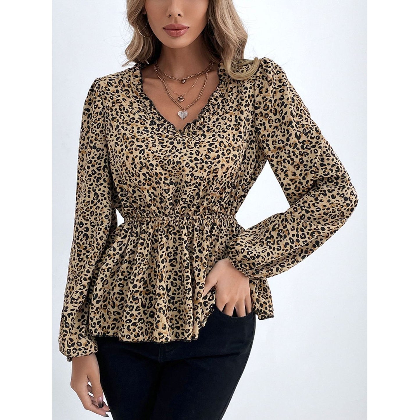 Frill Peplum Leopard V-Neck Long Sleeve Blouse