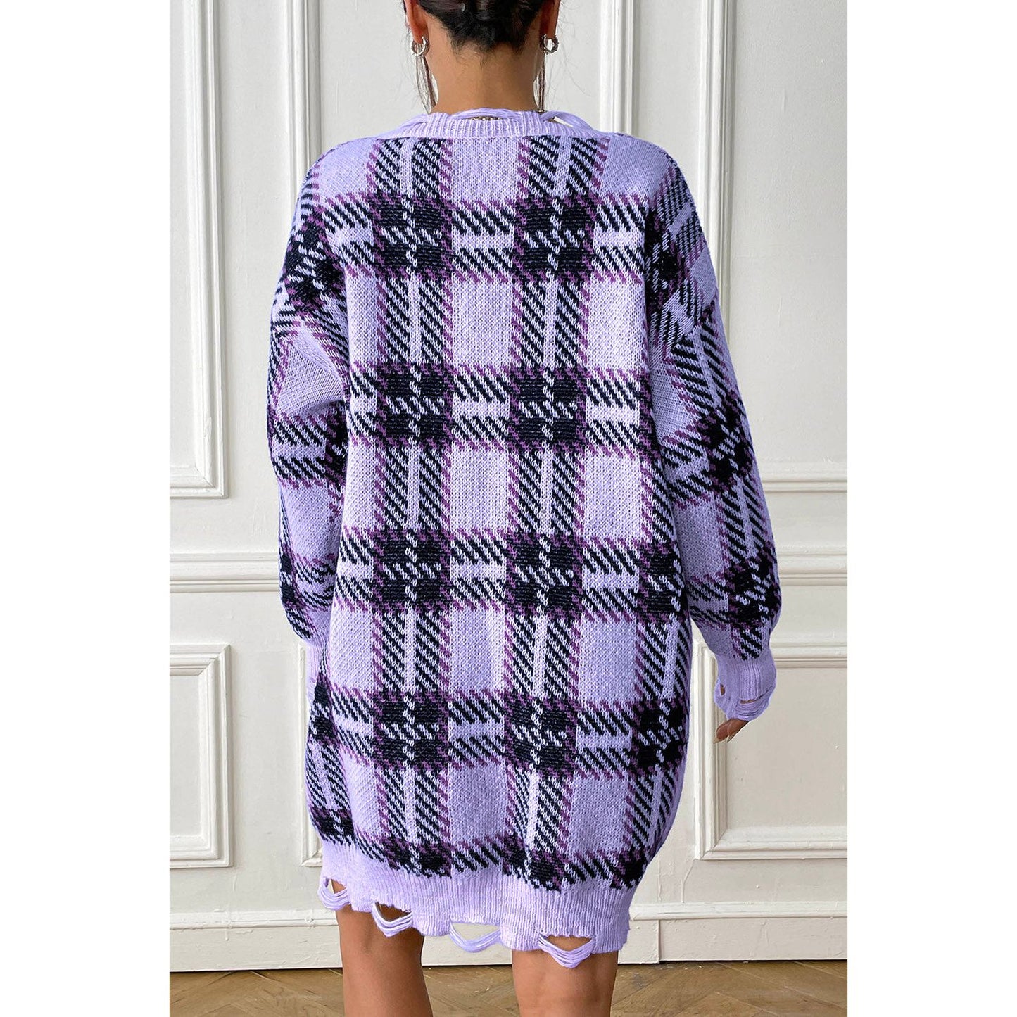 Plaid V-Neck Long Sleeve Sweater Dress