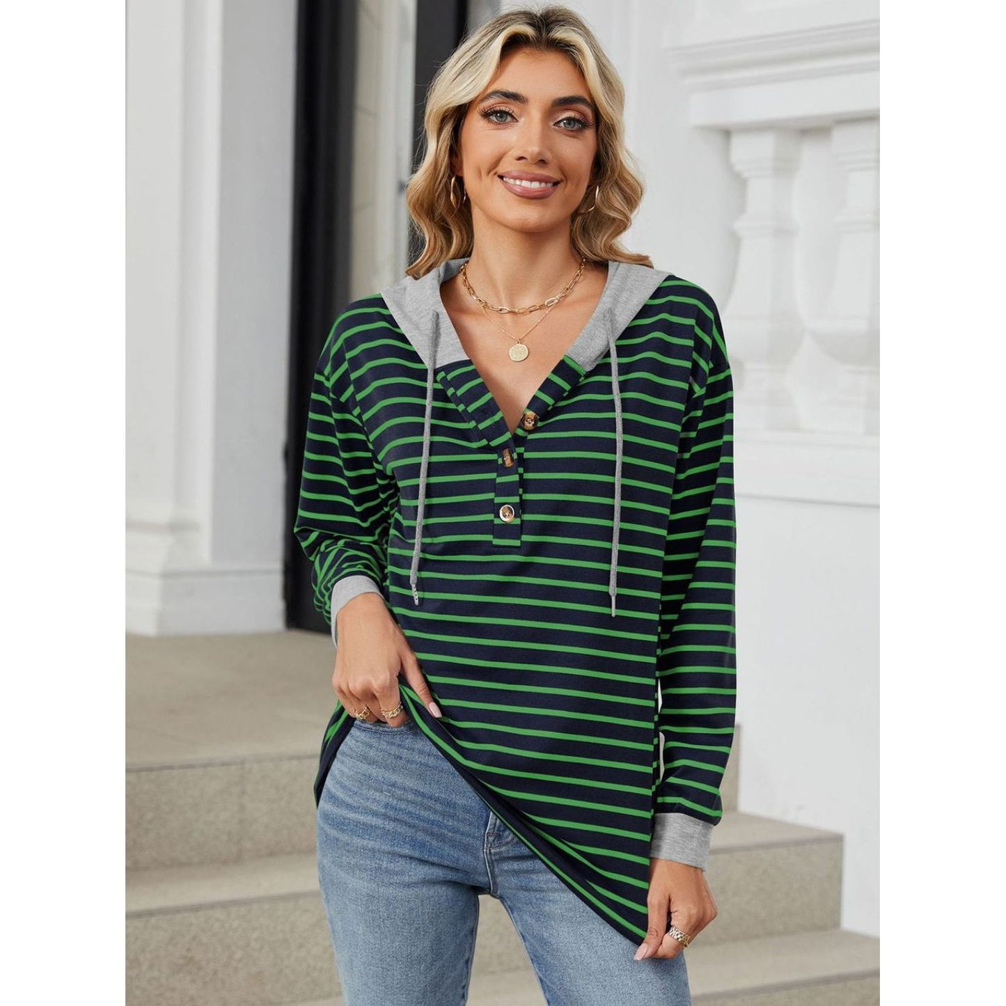 Drawstring Striped Long Sleeve Hoodie