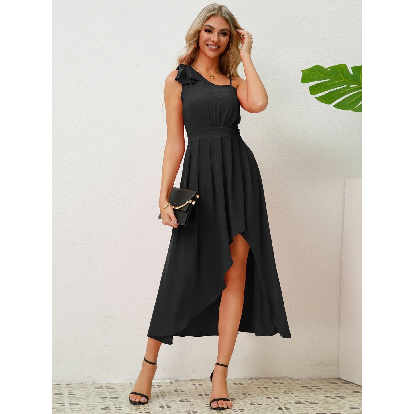 Bow Asymmetrical Neck Sleeveless Dress