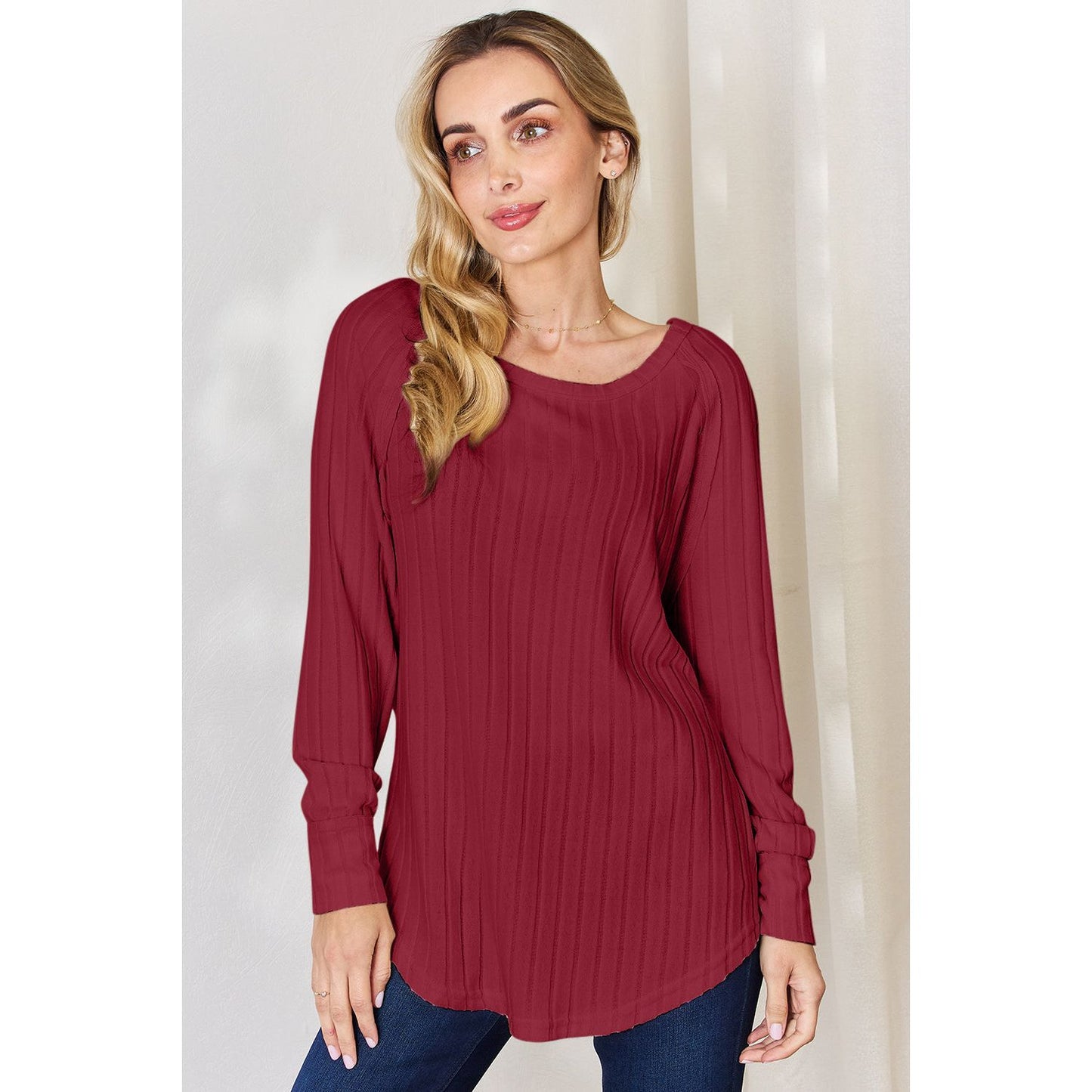 Basic Bae Full Size Ribbed Round Neck Slit T-Shirt