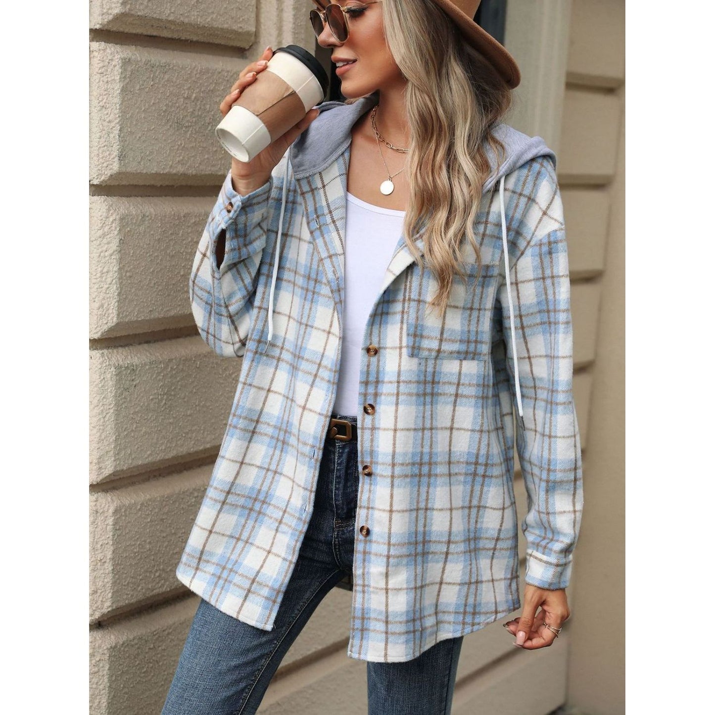 Drawstring Plaid Button Up Hooded Jacket