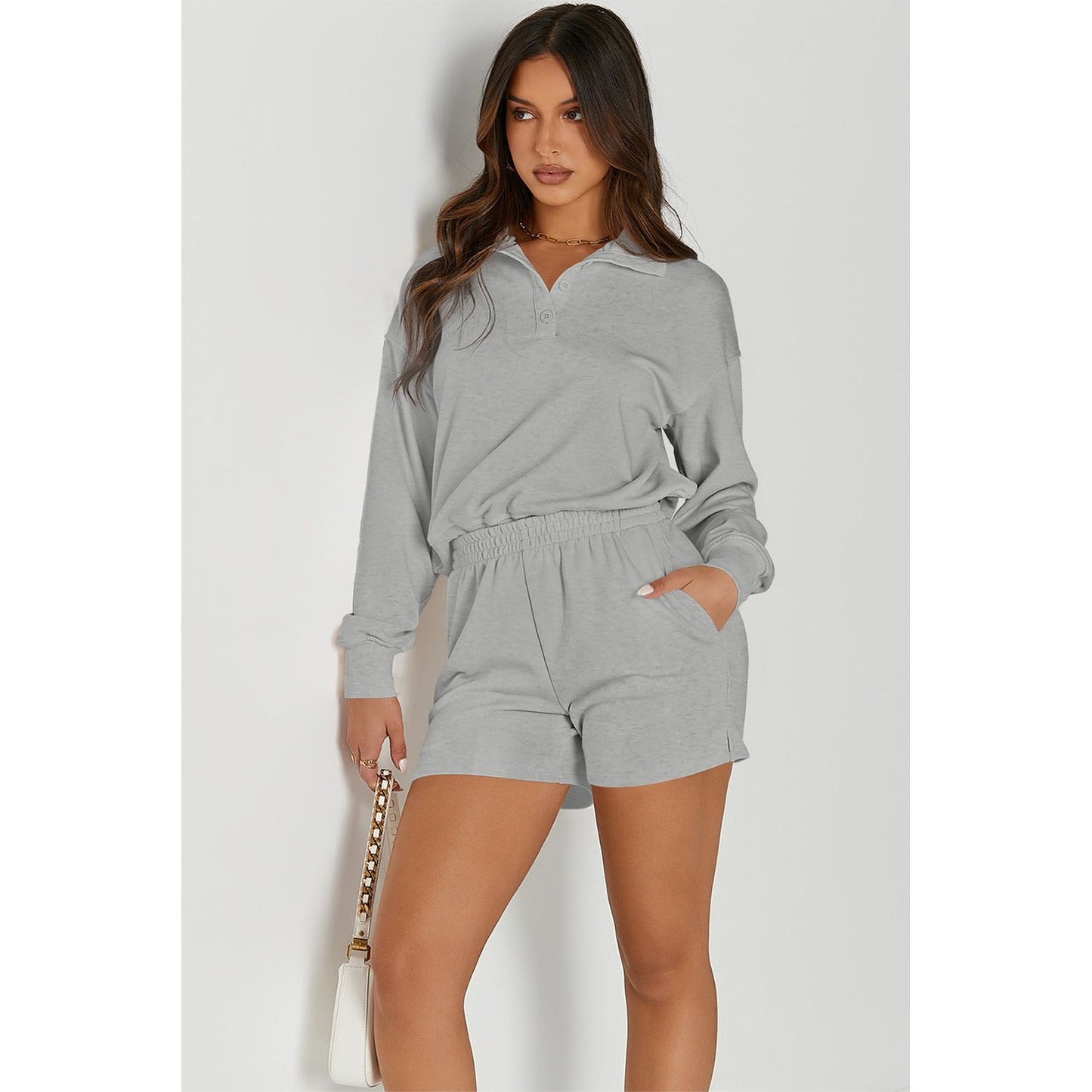 Half Button Sweatshirt and Shorts Active Set