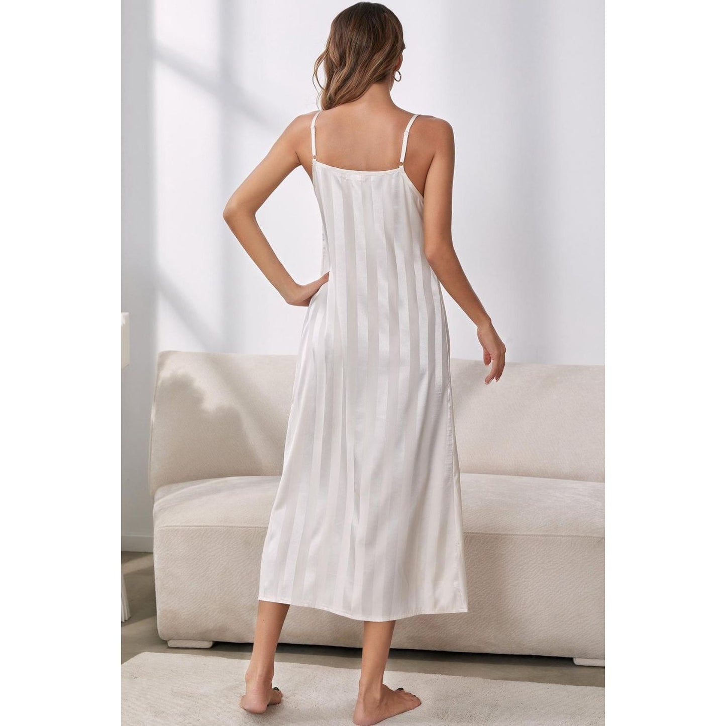 Striped Flounce Sleeve Open Front Robe and Cami Dress Set