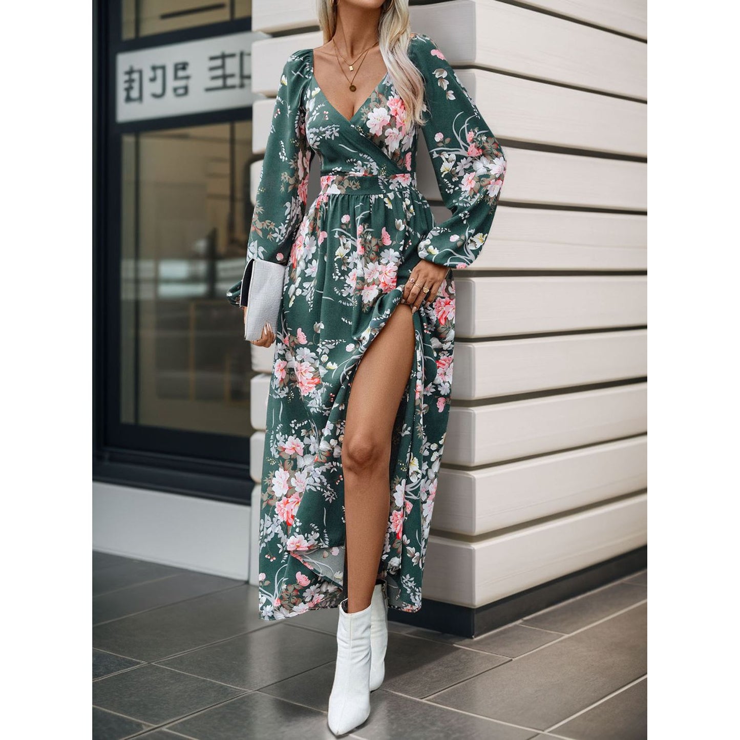 Slit Printed Surplice Long Sleeve Maxi Dress