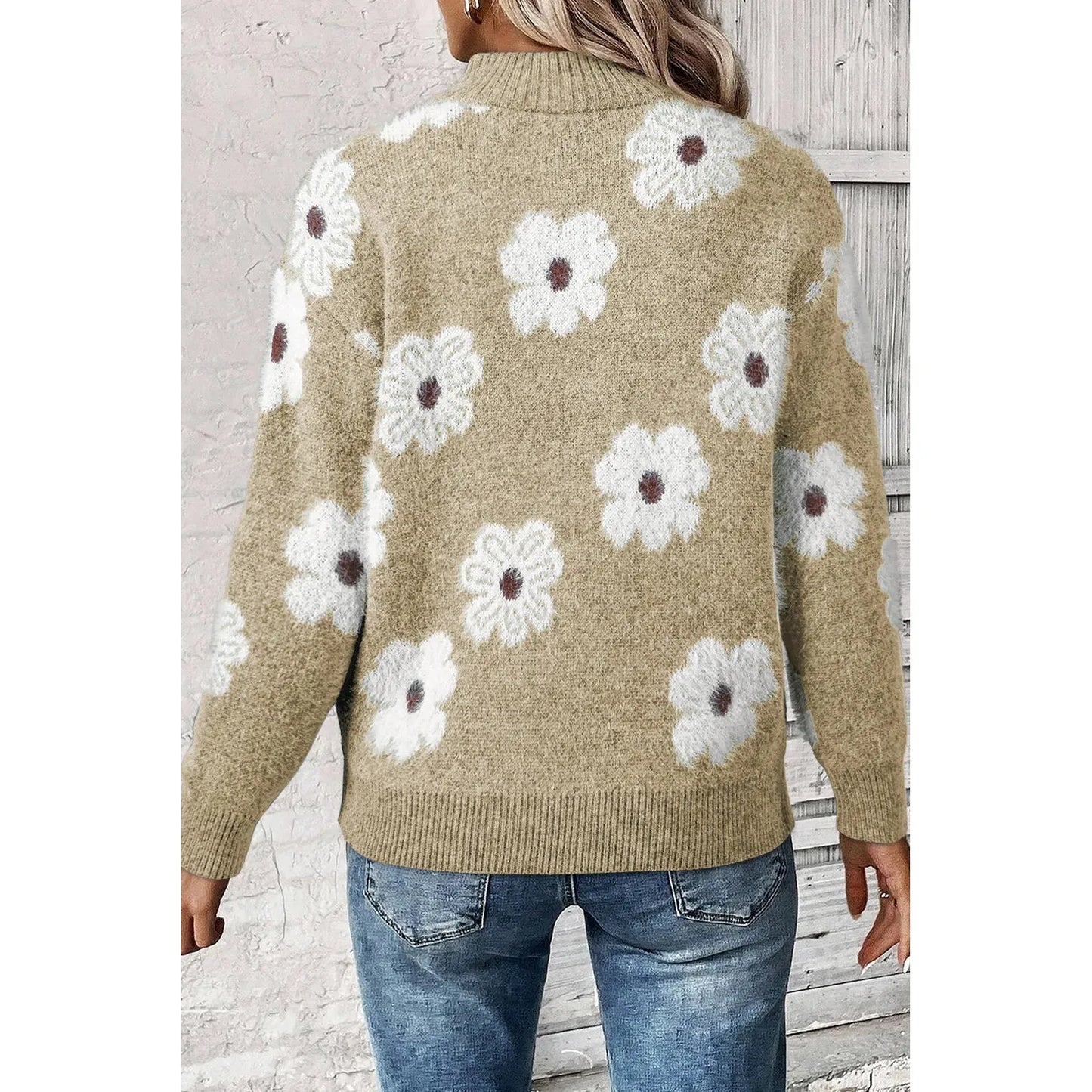 Flower Half Zip Long Sleeve Sweater