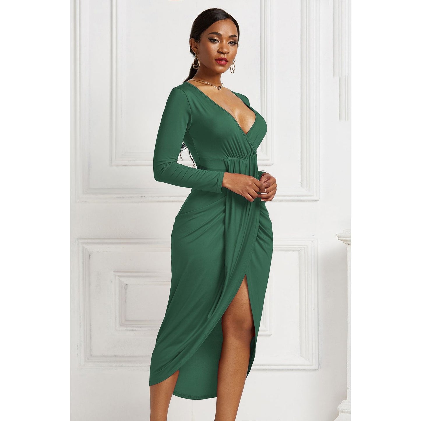 High-low Ruched Surplice Long Sleeve Dress