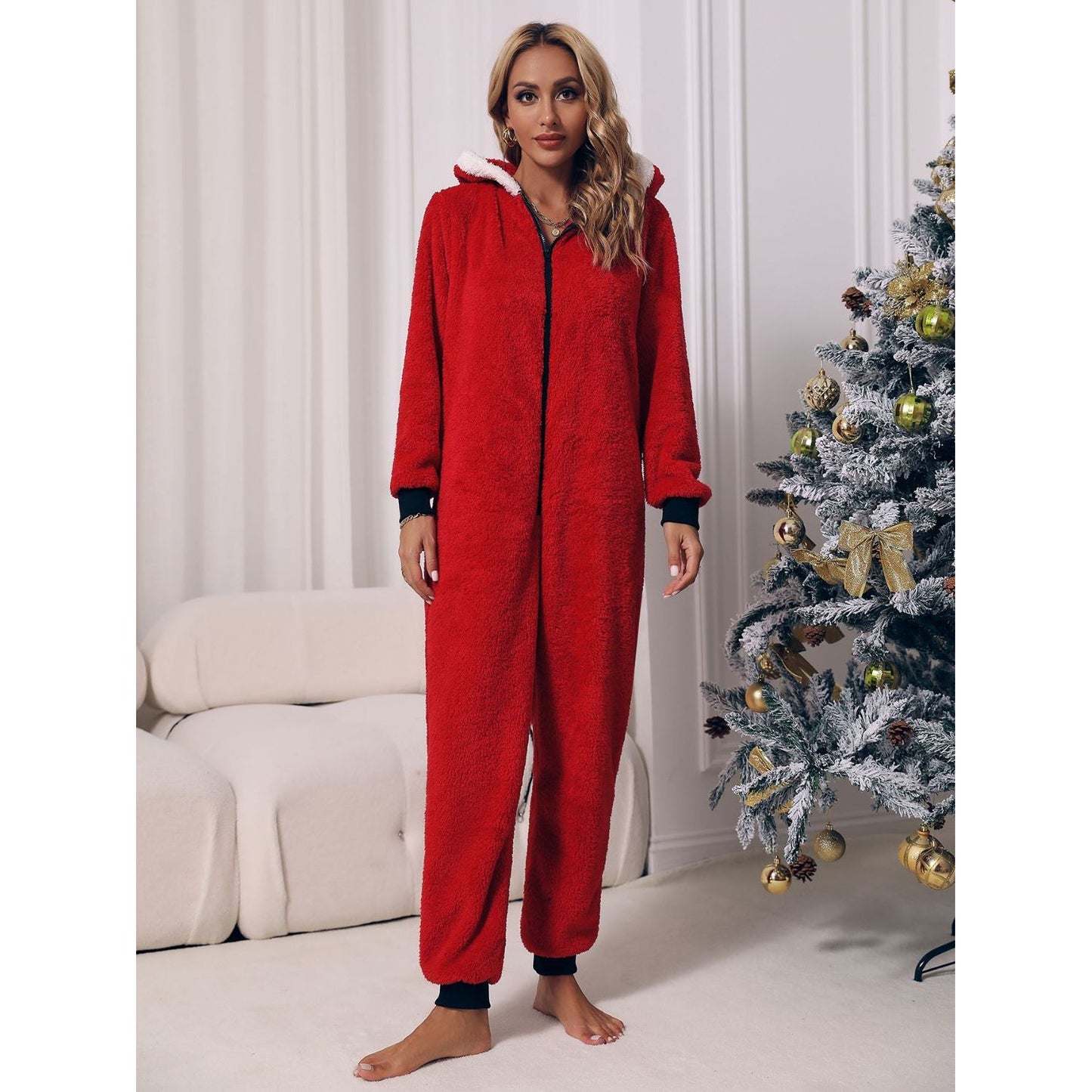 Zip Front Long Sleeve Hooded Teddy Lounge Jumpsuit