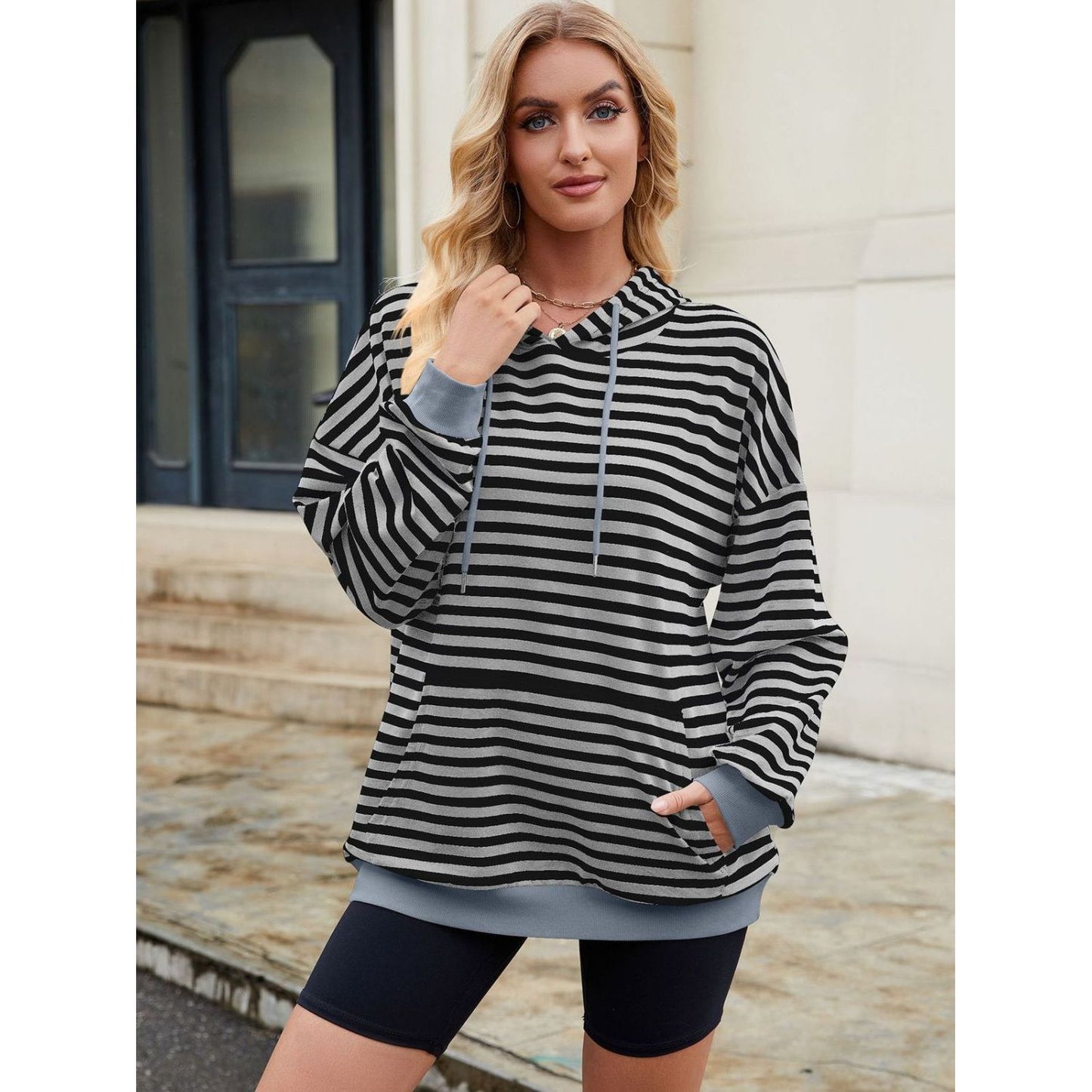 Drawstring Contrast Striped Long Sleeve Hoodie