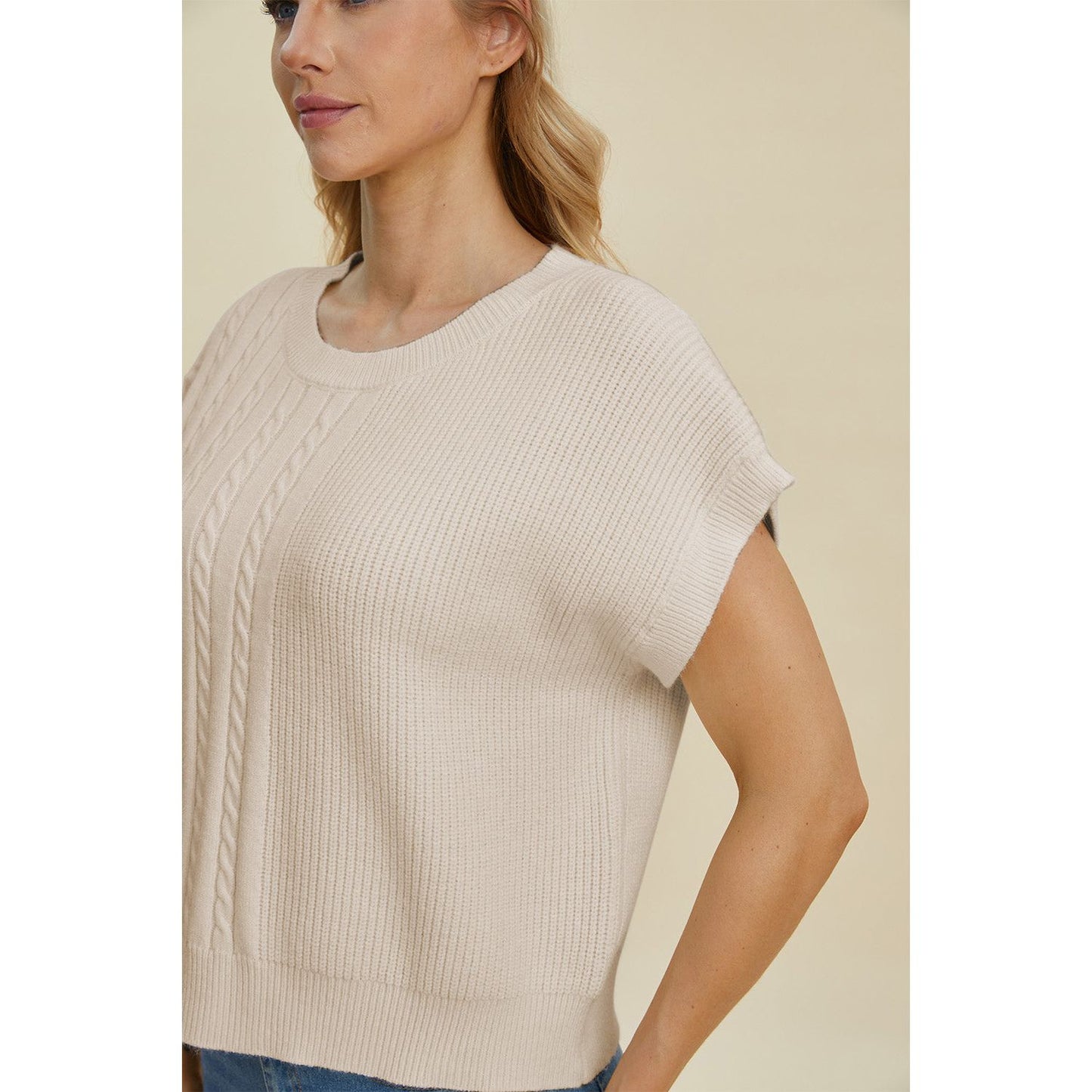 Double Take Full Size Cable-Knit Round Neck Short Sleeve Sweater