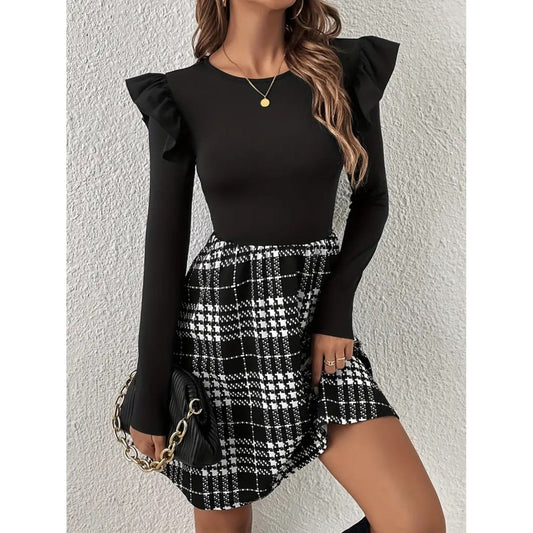 Ruffled Plaid Round Neck Long Sleeve Dress