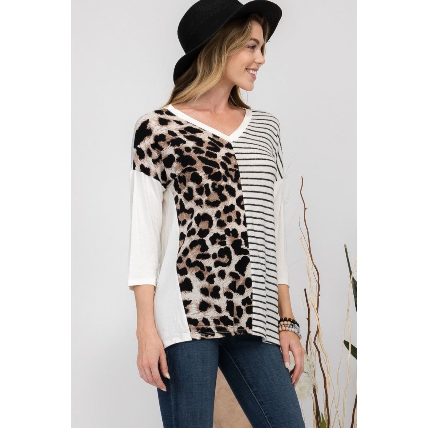 Celeste Full Size Front Leopard and Striped Print V-Neck T-Shirt