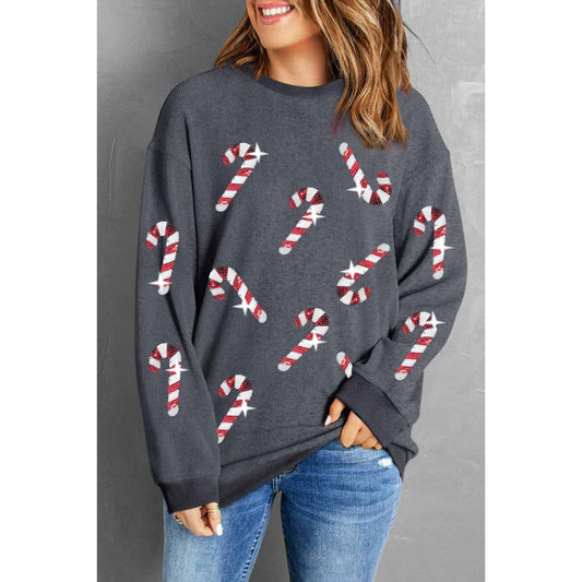 Sequin Candy Cane Round Neck Sweatshirt