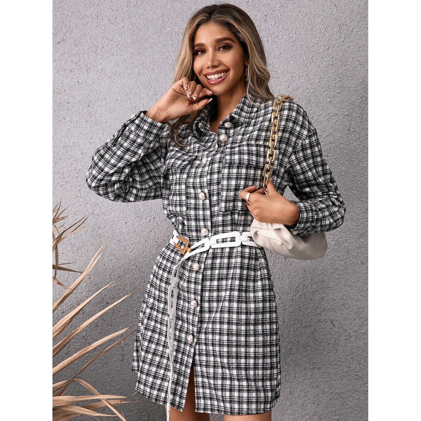 Ivy Lane Pocketed Plaid Long Sleeve Mini Dress