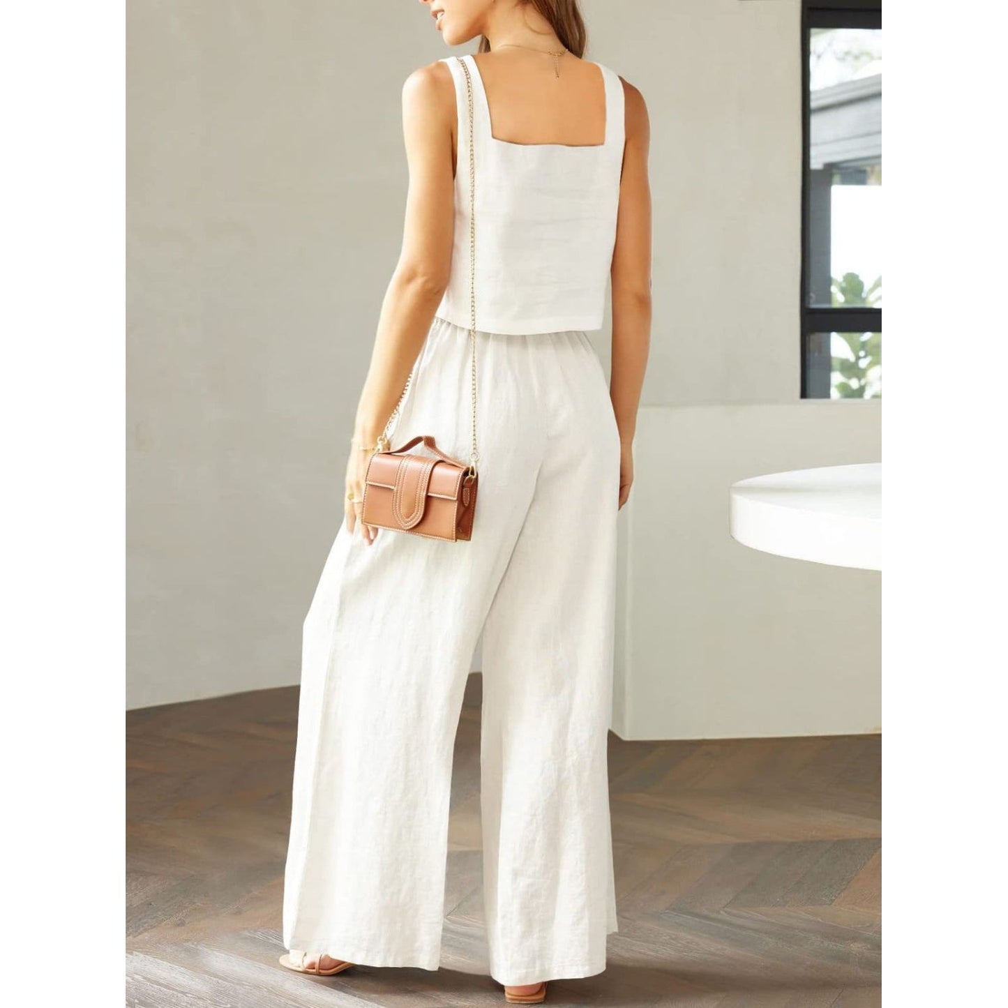 Square Neck Top and Wide Leg Pants Set