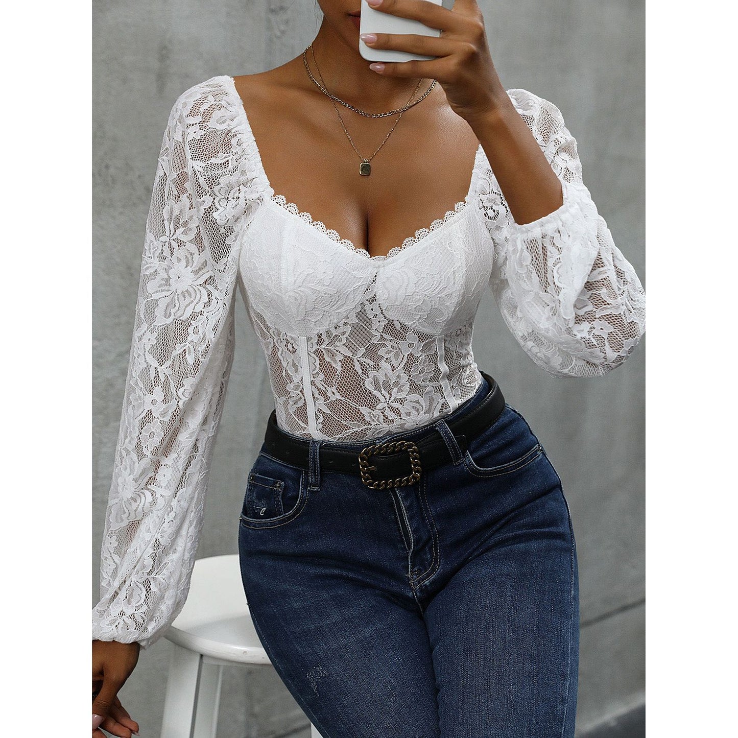 Perfee Lace Balloon Sleeve Bodysuit