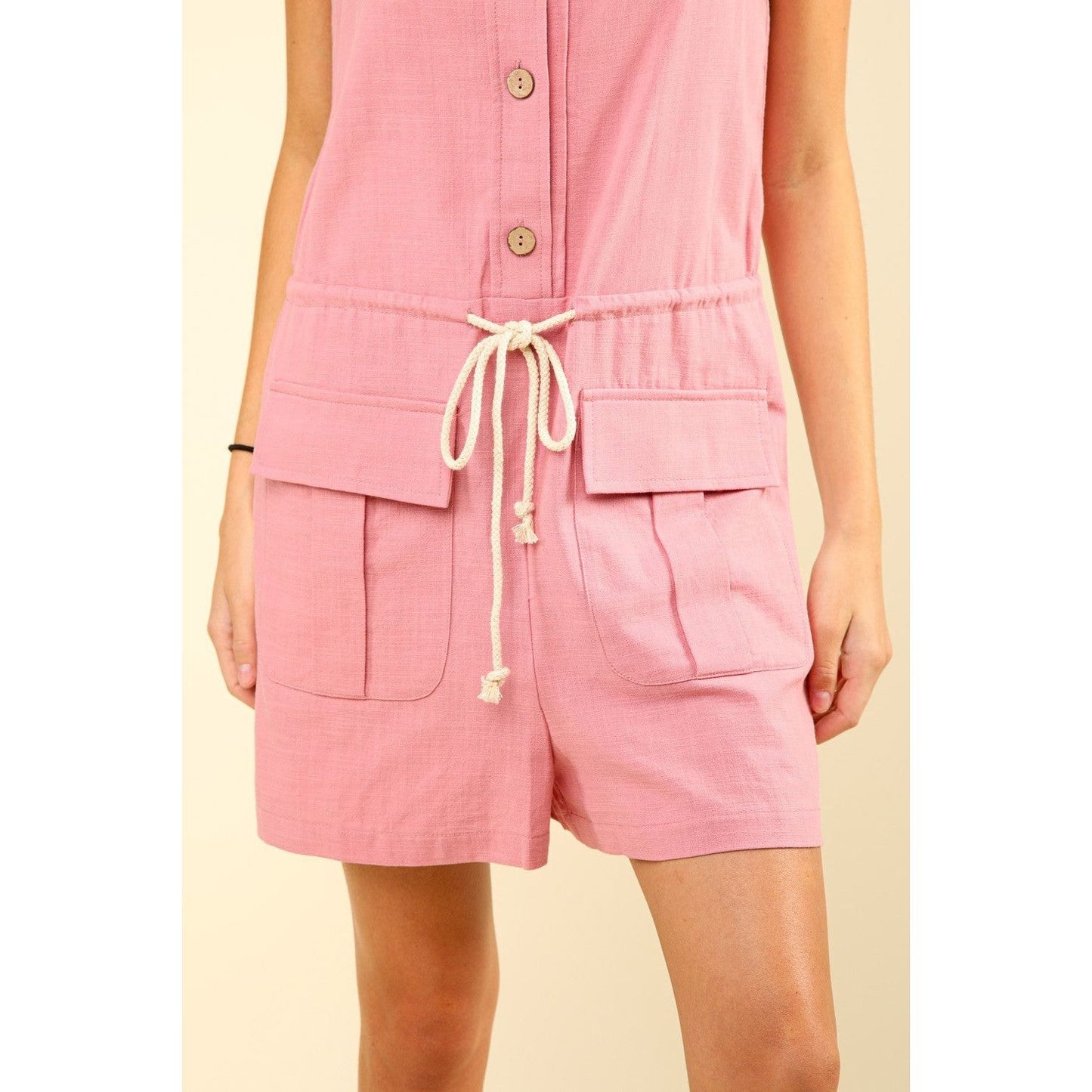 VERY J Half Button Drawstring Sleeveless Romper