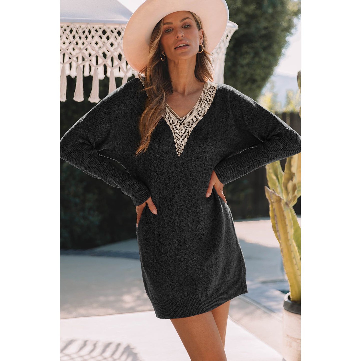 V-Neck Long Sleeve Mini Sweater Dress