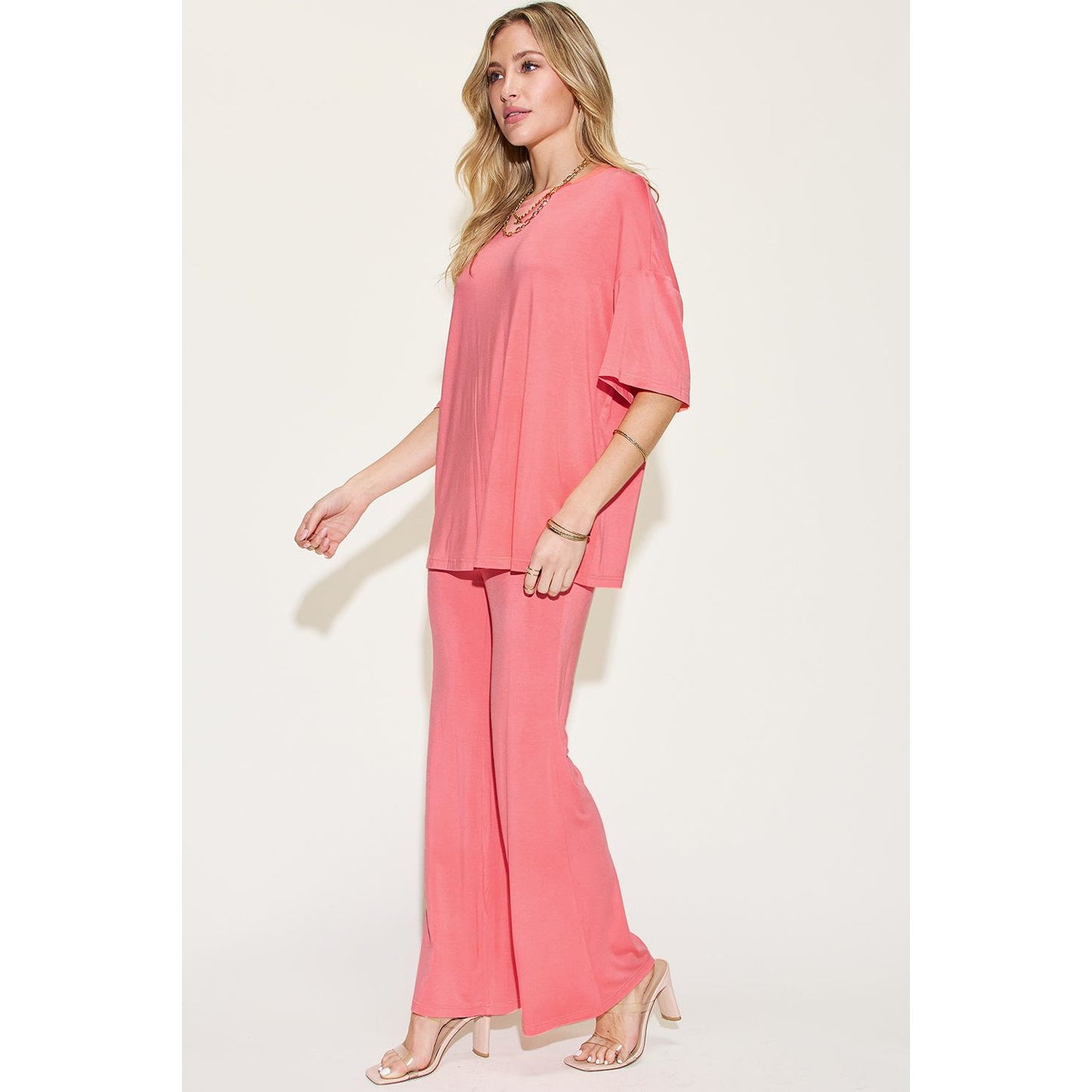 Basic Bae Full Size Bamboo Drop Shoulder T-Shirt and Flare Pants Set