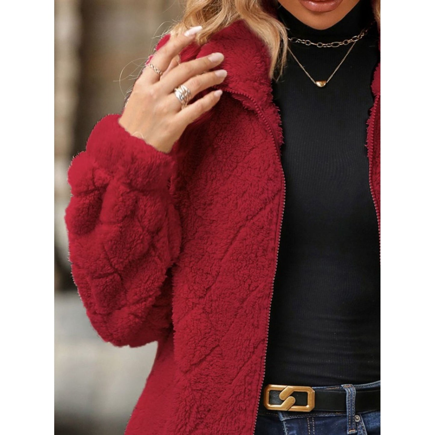 Fuzzy Pocketed Zip Up Jacket