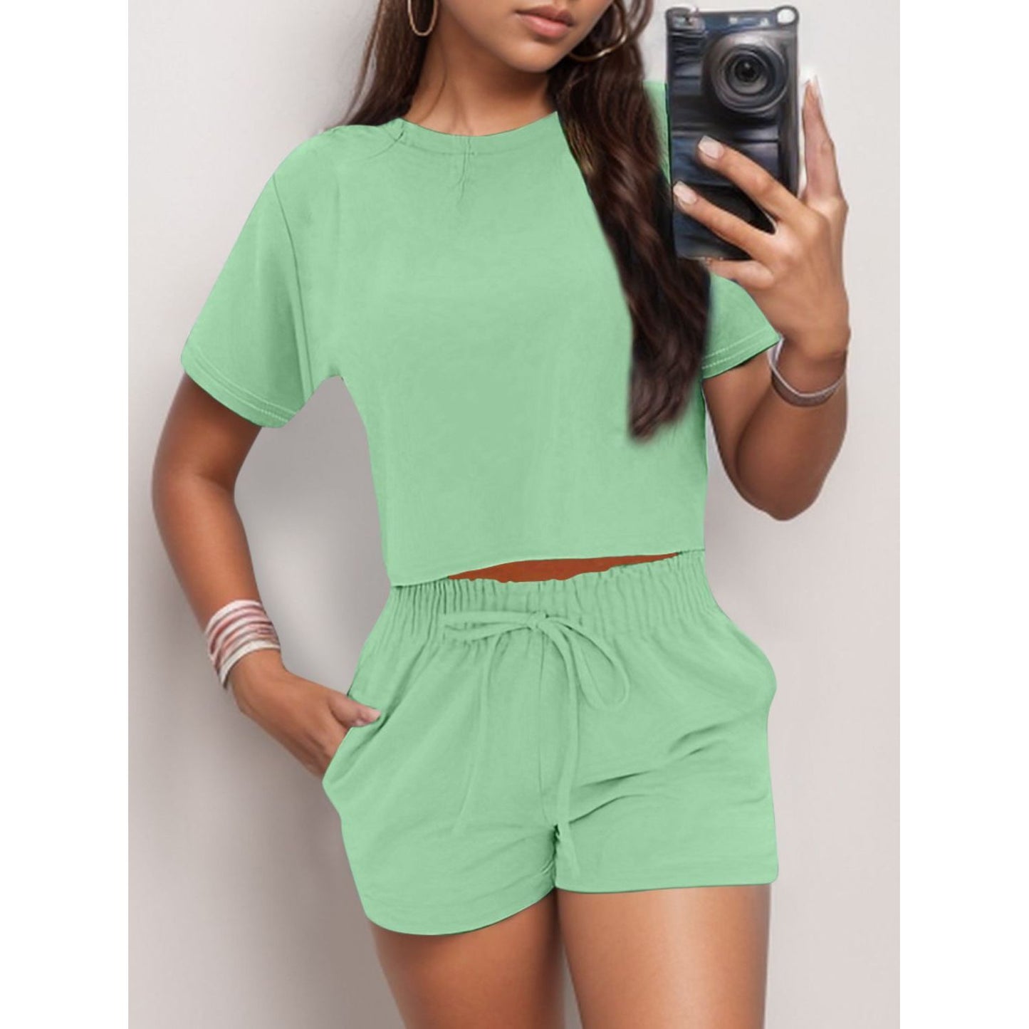 Full Size Round Neck Short Sleeve Top and Shorts Set