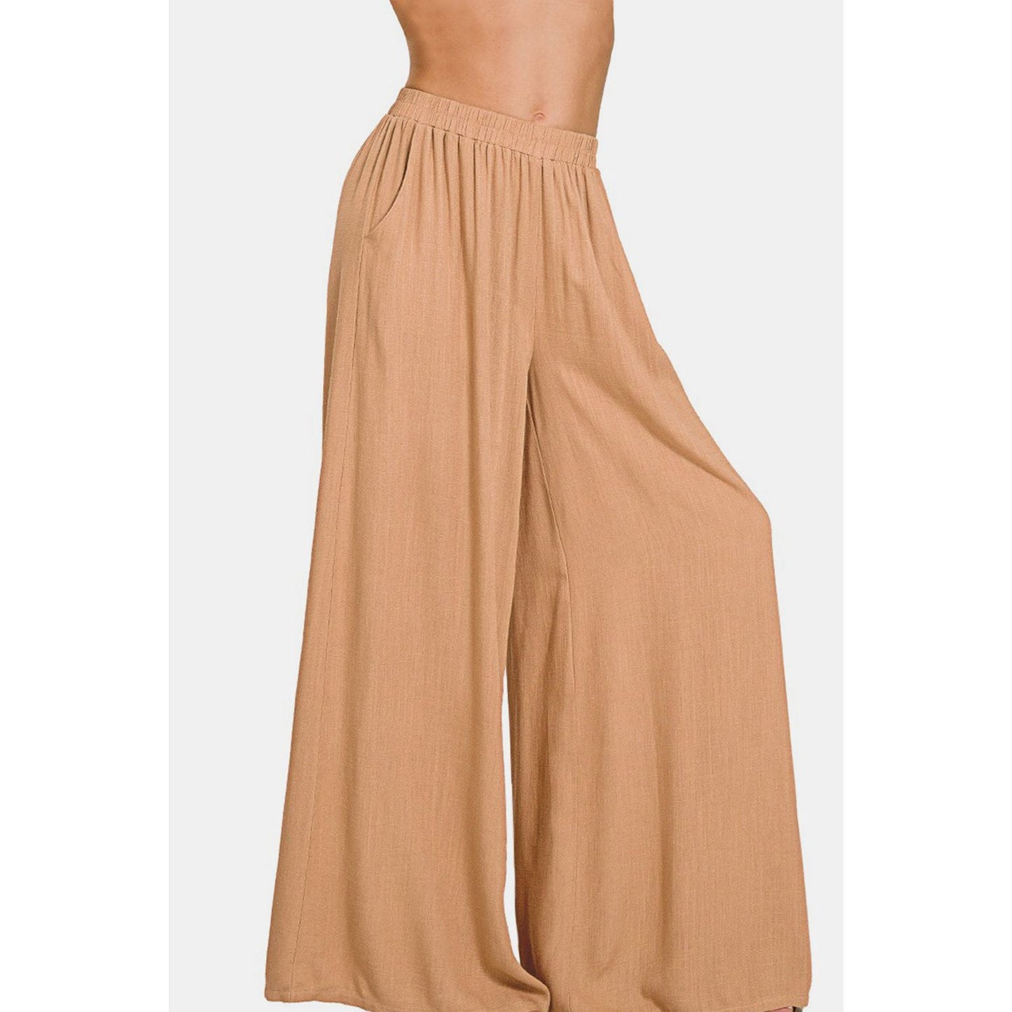 Zenana Pleated Linen Blend Wide Leg Pants