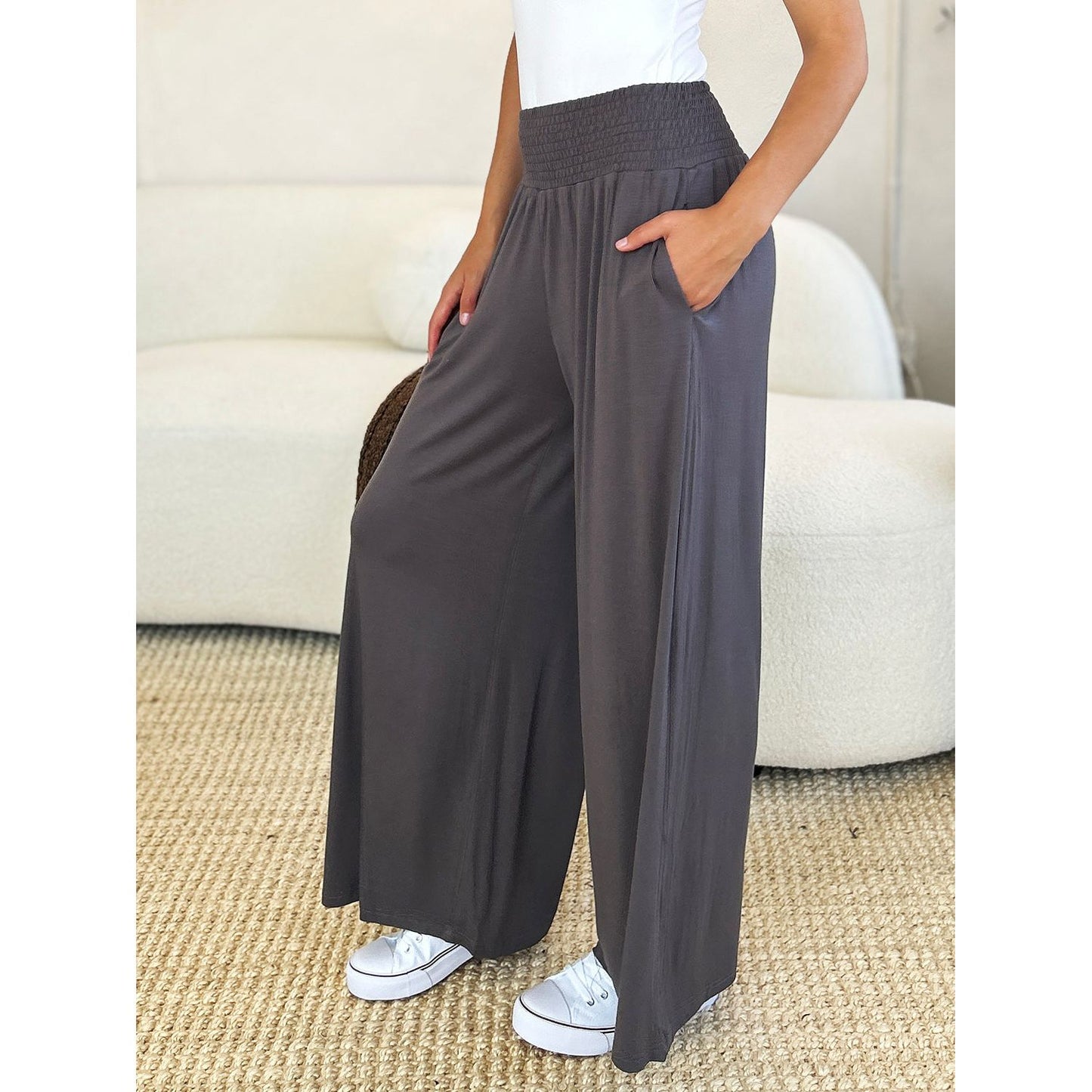 Double Take Full Size Smocked Wide Waistband Wide Leg Pants