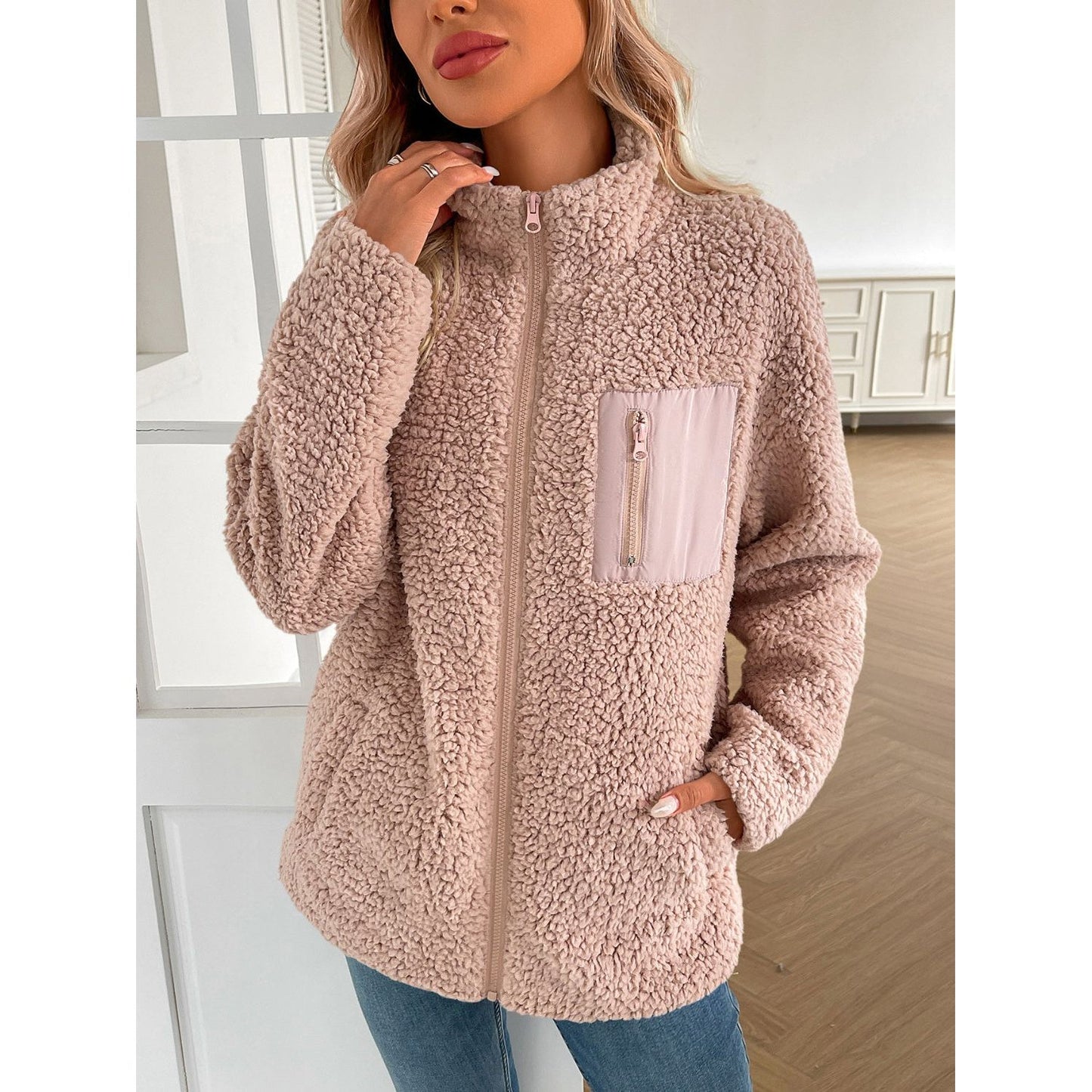 Ivy Lane Zip Up Long Sleeve Fuzzy Jacket