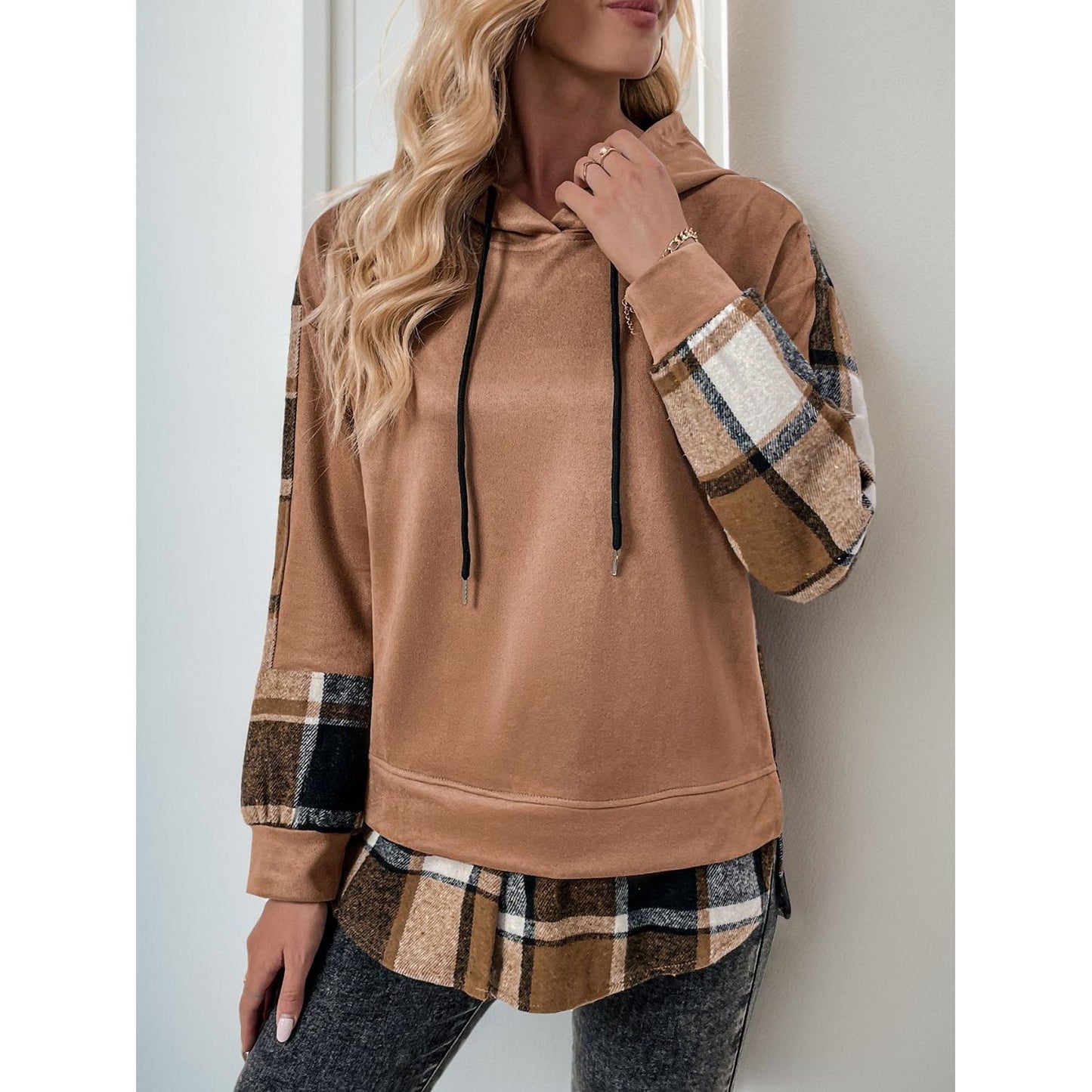 Perfee Drawstring Slit Plaid Long Sleeve Hoodie