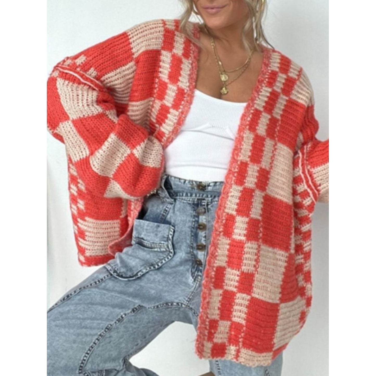 Plaid Open Front Long Sleeve Cardigan