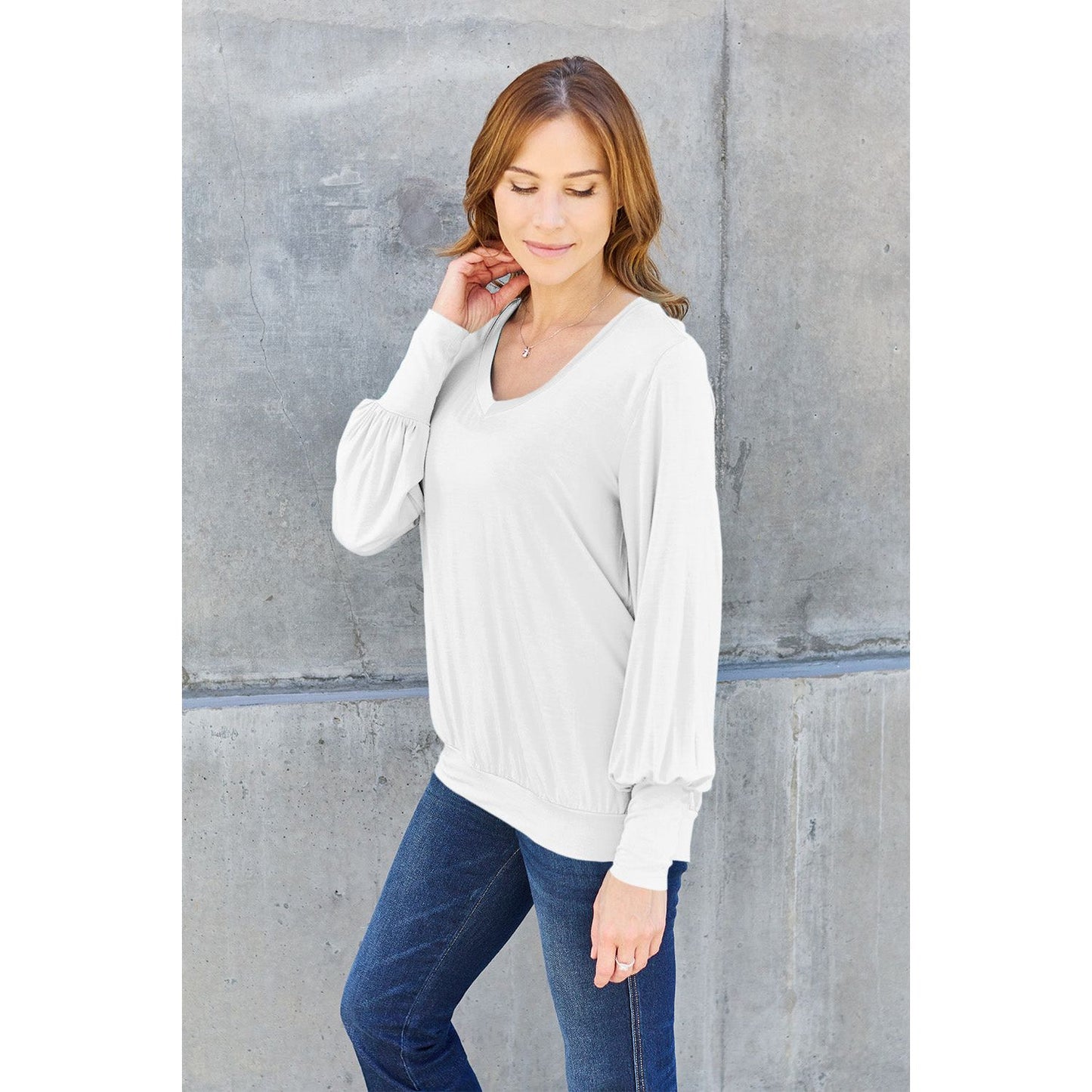 Basic Bae Full Size V-Neck Lantern Sleeve Top