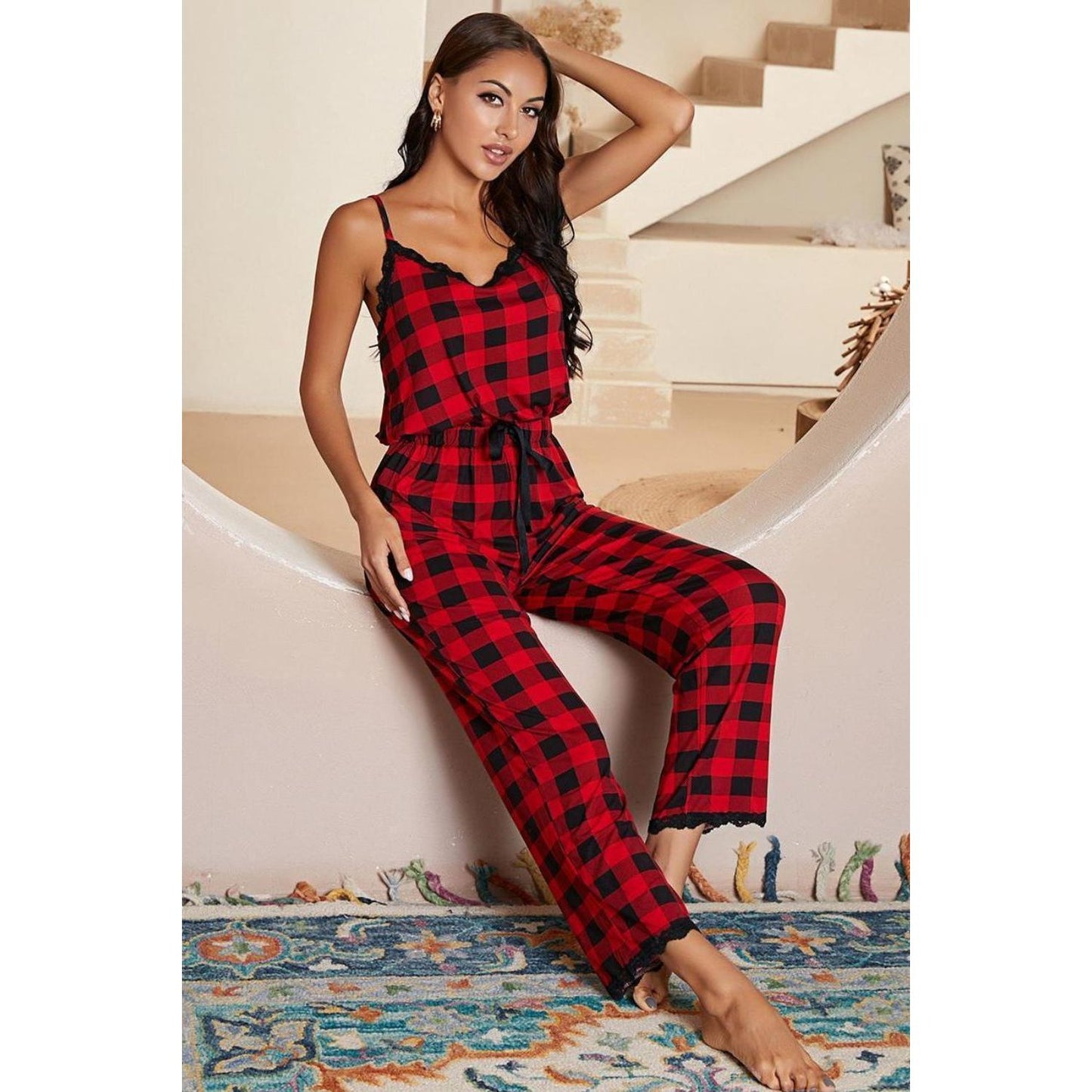 Plaid Lace Trim Spaghetti Strap Jumpsuit