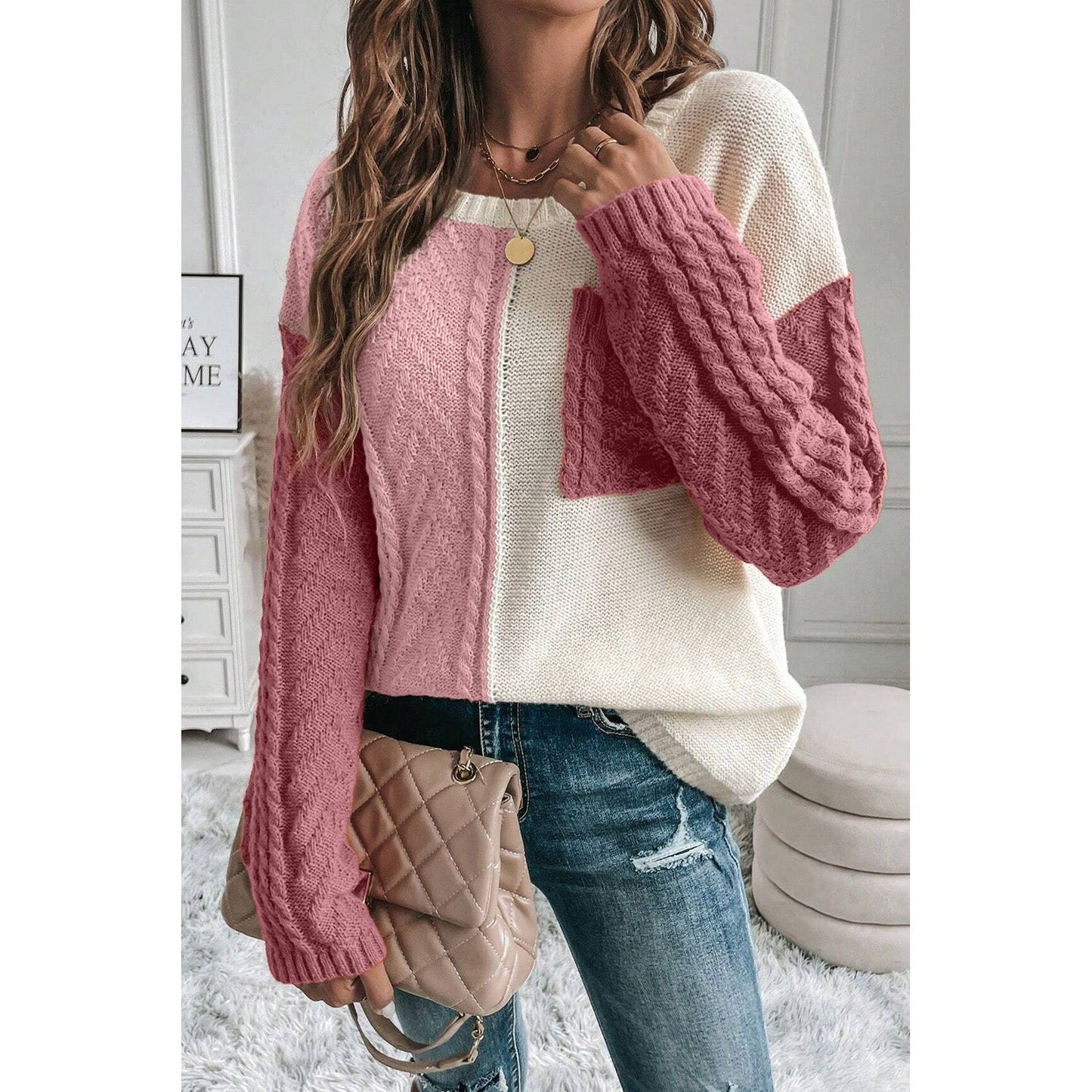 Color Block Round Neck Long Sleeve Sweater