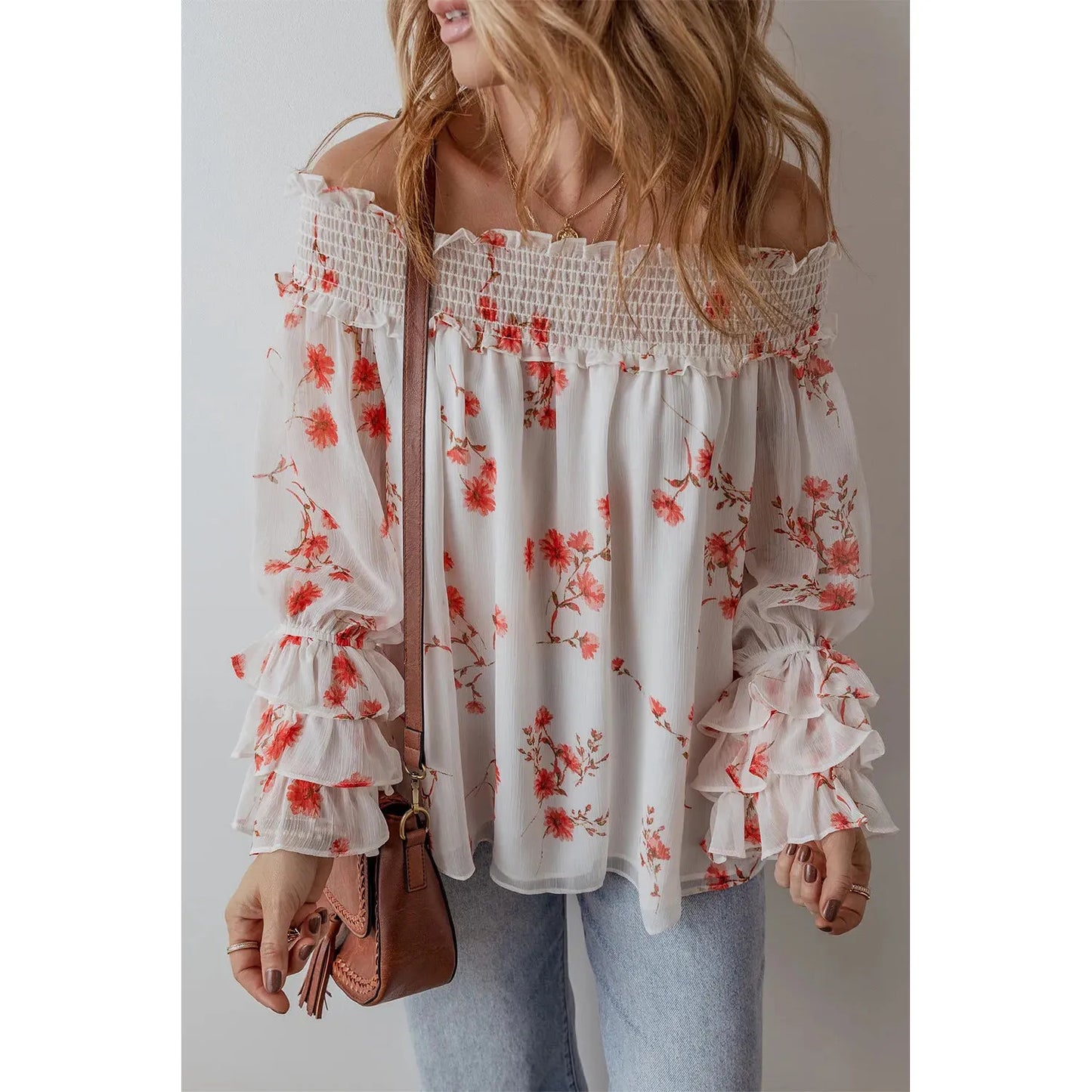 Printed Off-Shoulder Long Sleeve Blouse