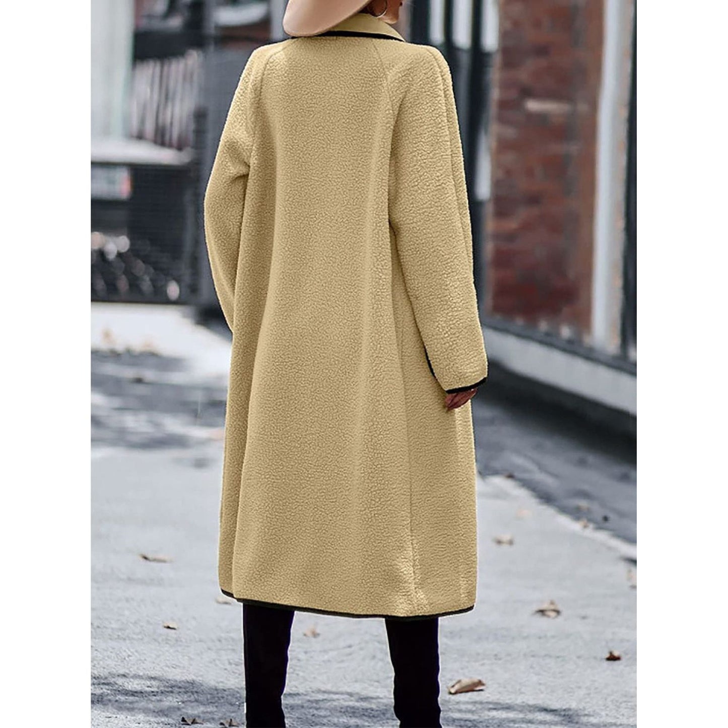 Full Size Contrast Trim Long Sleeve Coat with Pockets