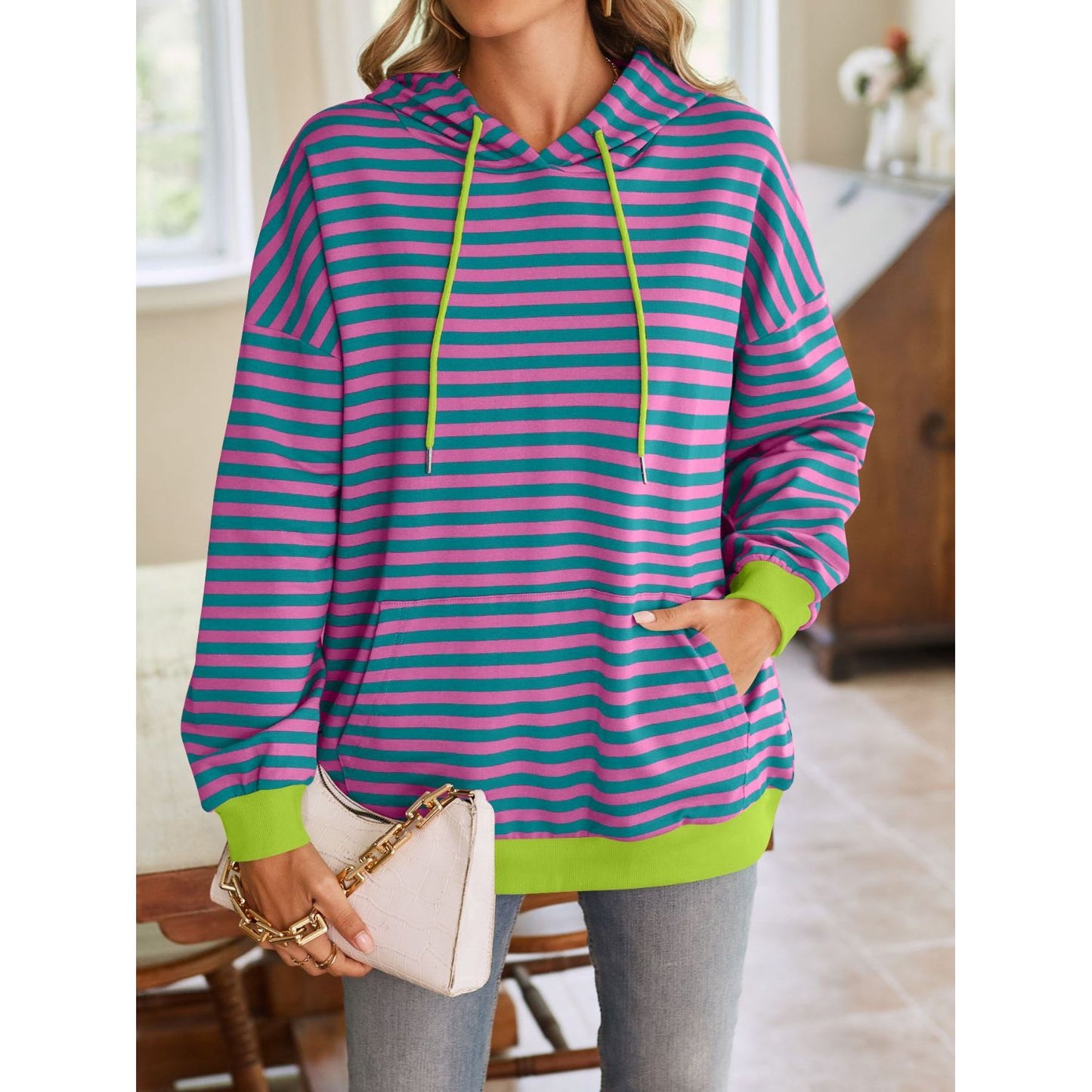 Lovelet Drawstring Striped Long Sleeve Hoodie