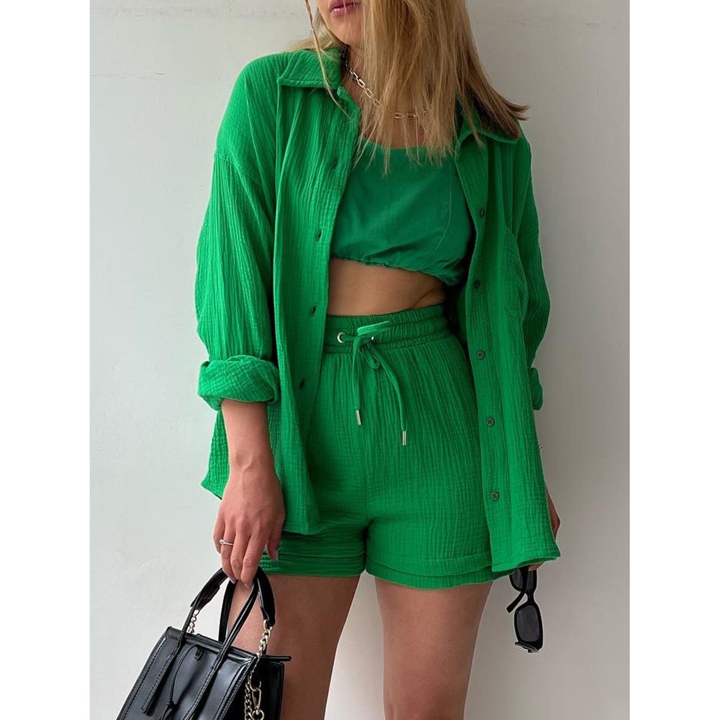 Texture Button Up Shirt and Drawstring Shorts Set