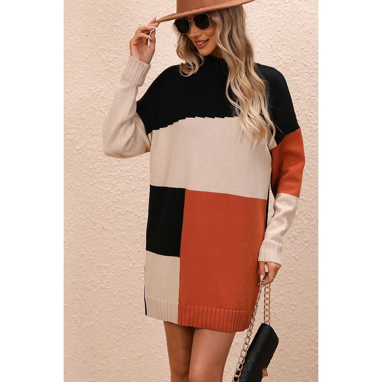 Color Block Mock Neck Dropped Shoulder Sweater Dress