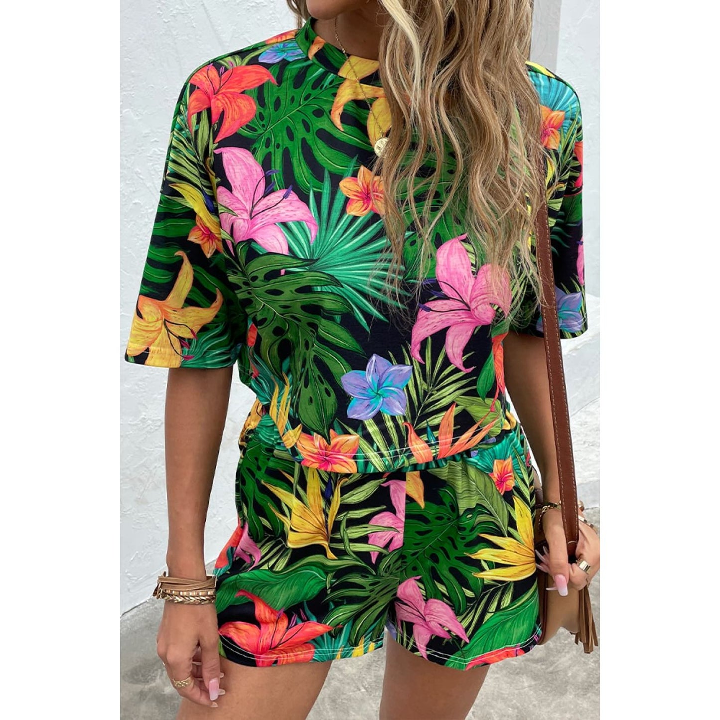 Shiny Printed Half Sleeve Top and Shorts Lounge Set