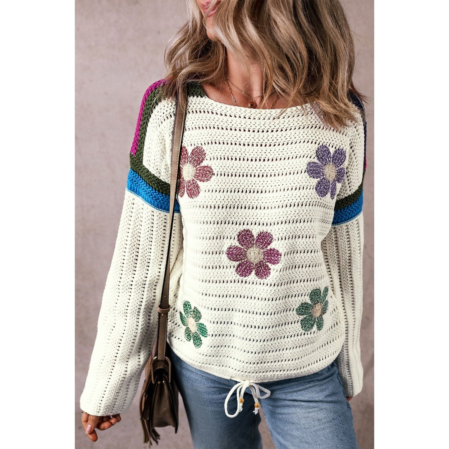 Flower Round Neck Long Sleeve Sweater