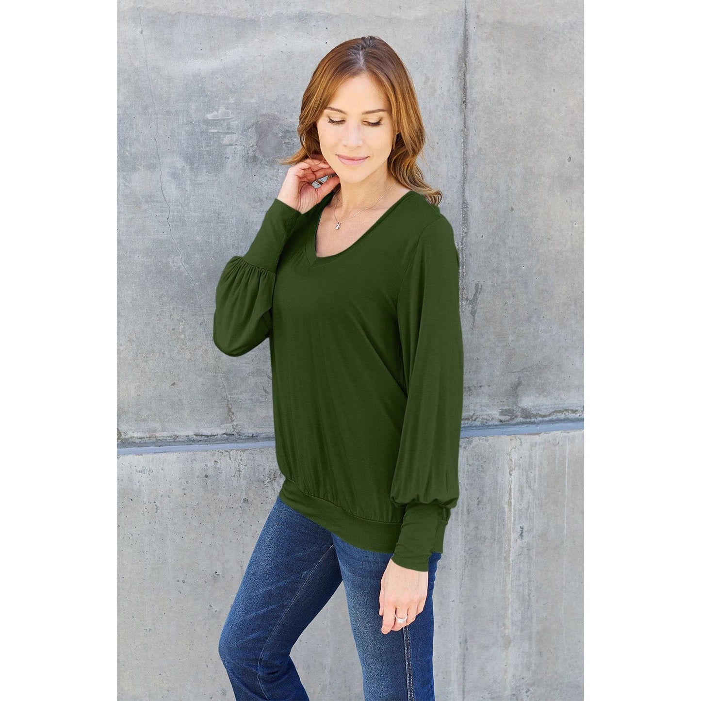 Basic Bae Full Size V-Neck Lantern Sleeve Top