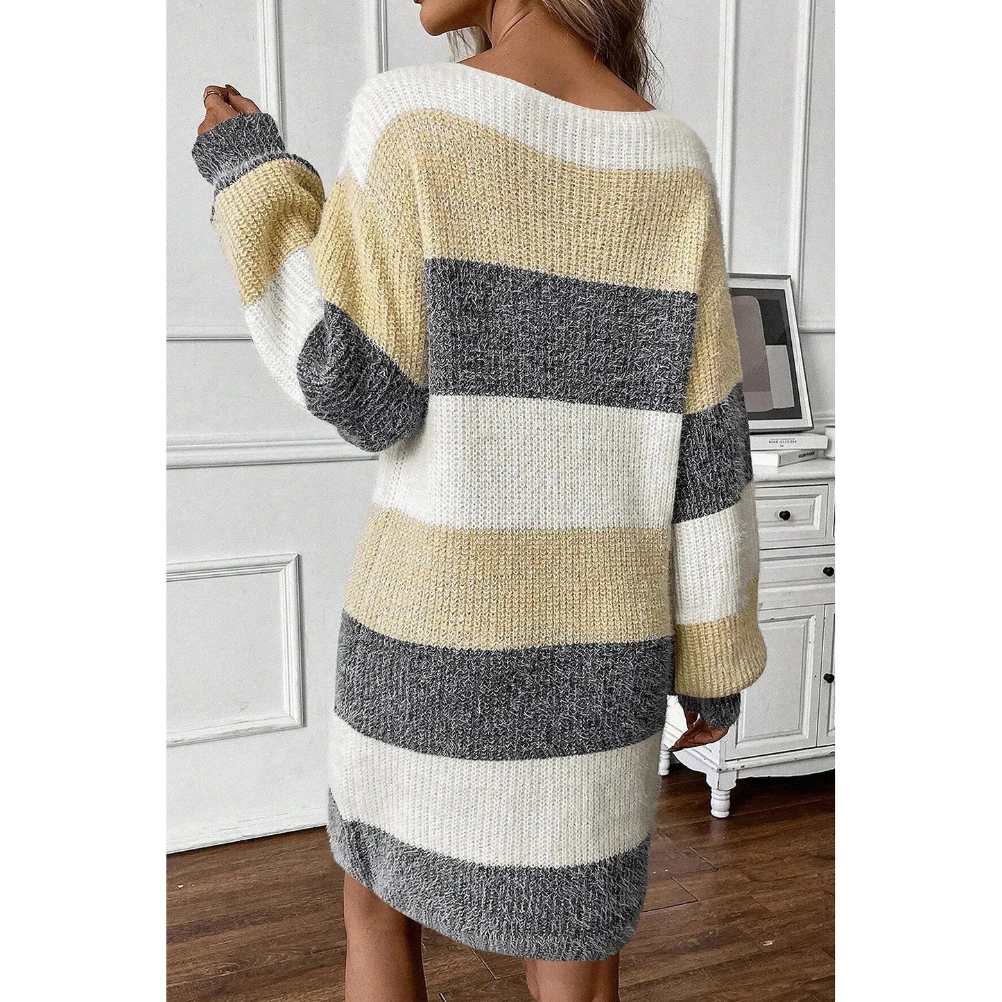 Color Block Boat Neck Long Sleeve Sweater Dress