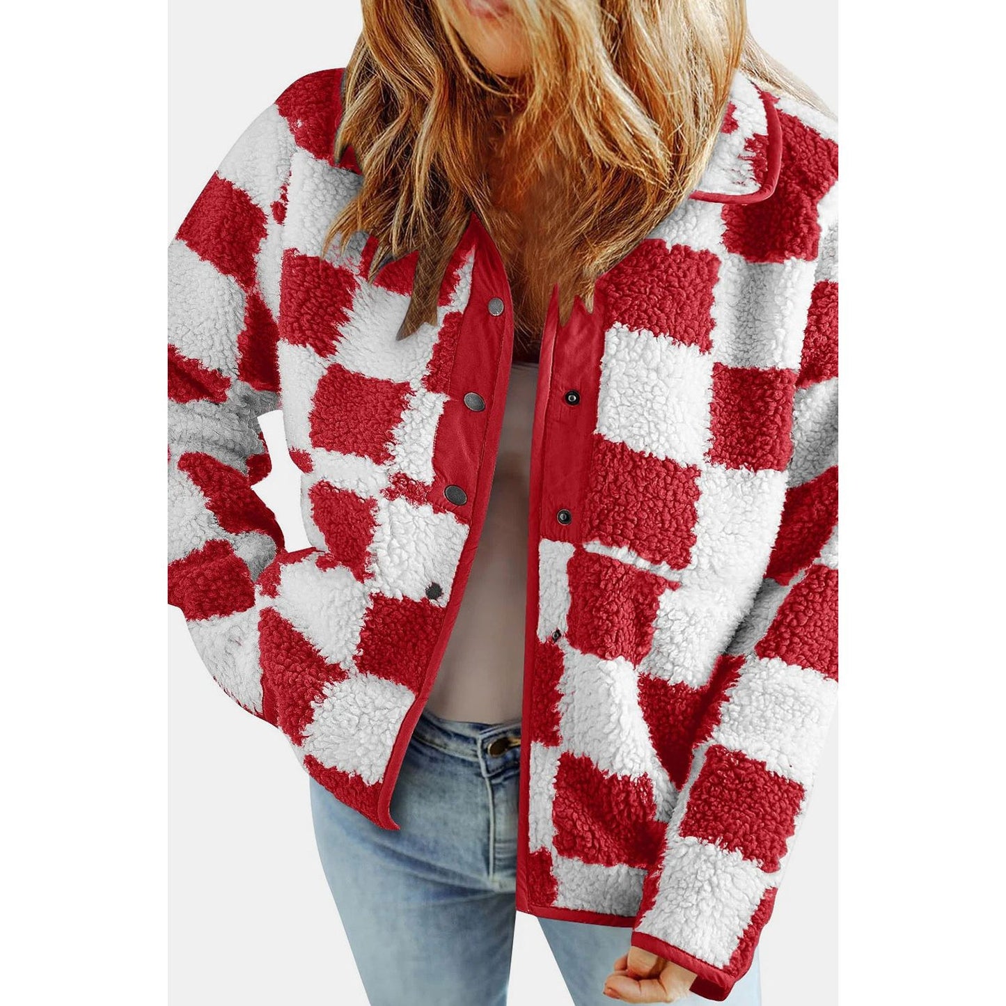 Checkered Snap Down Long Sleeve Teddy Jacket