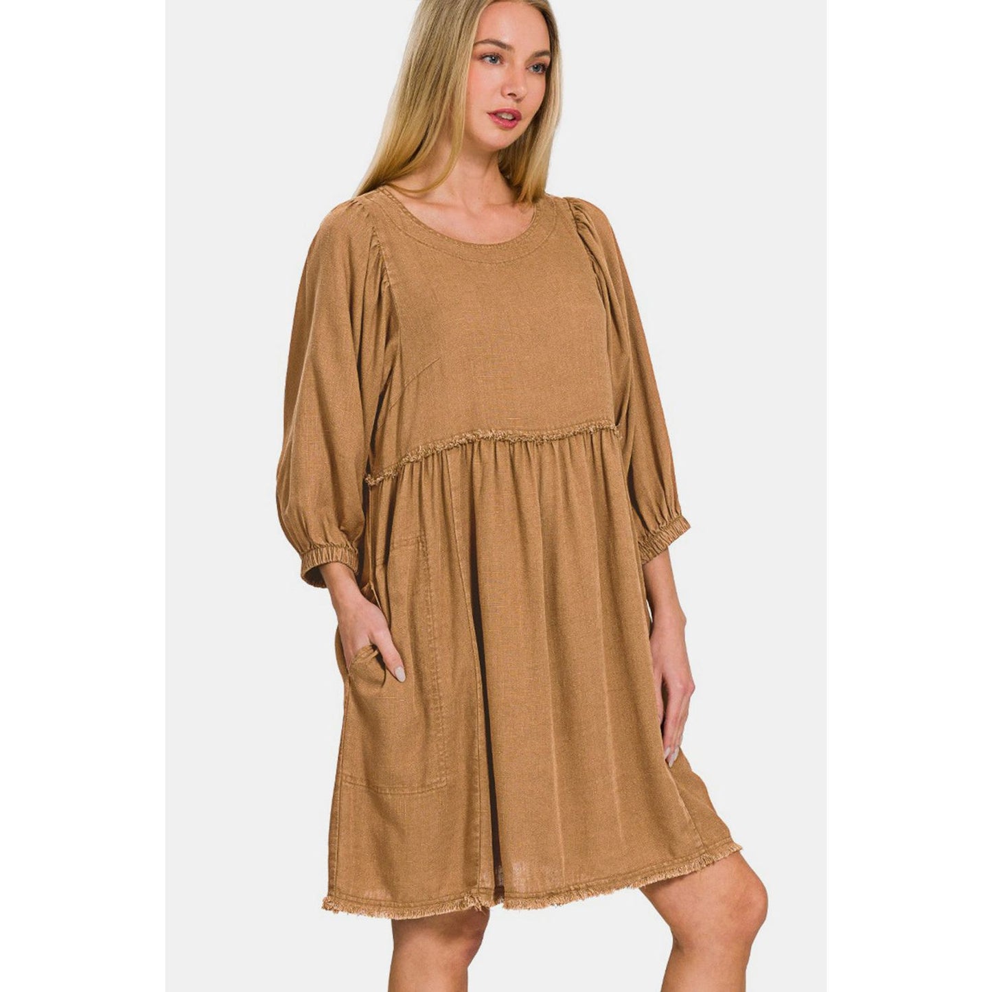 Zenana Washed Linen Pleated Puff Sleeve Babydoll Dress