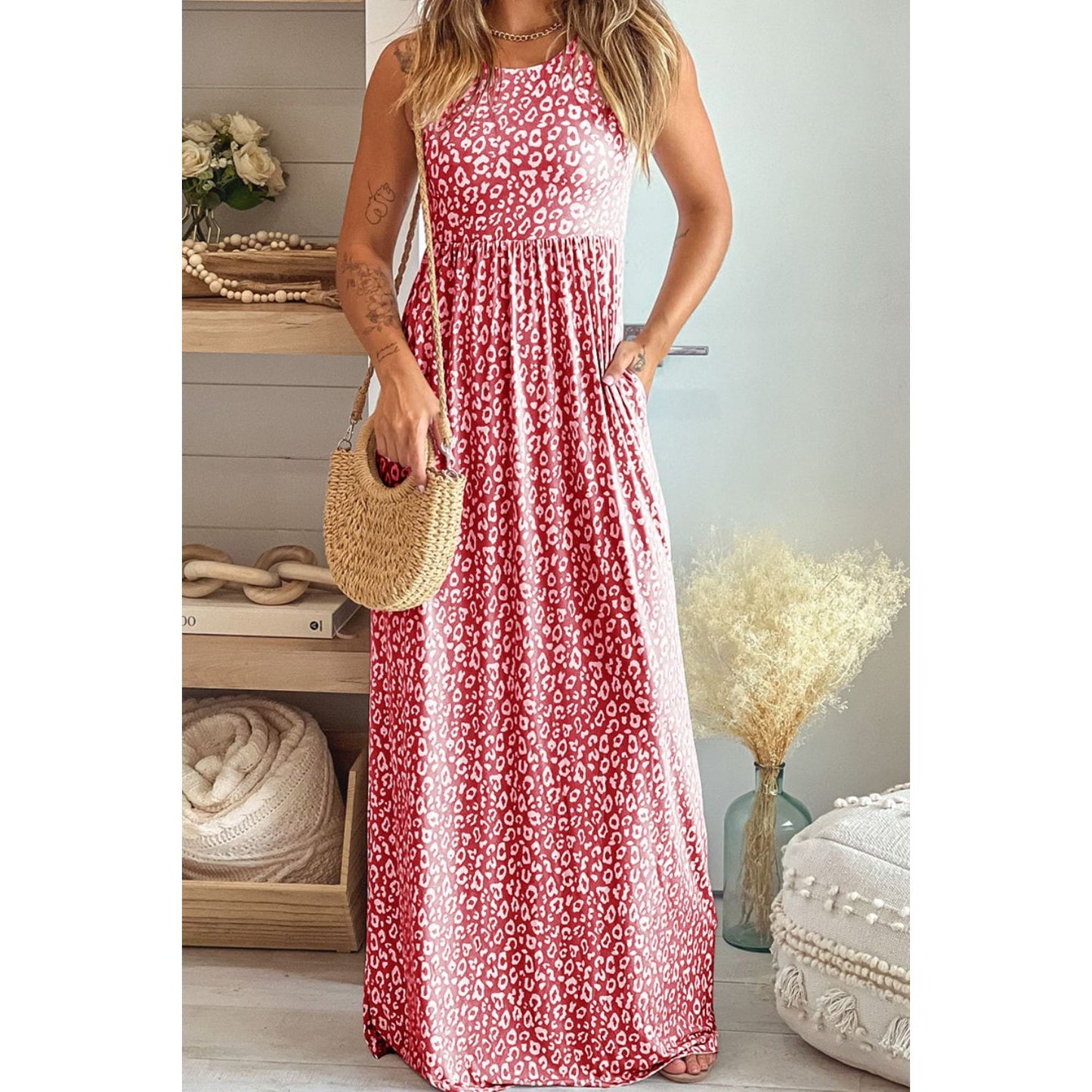 Leopard Round Neck Sleeveless Maxi Dress