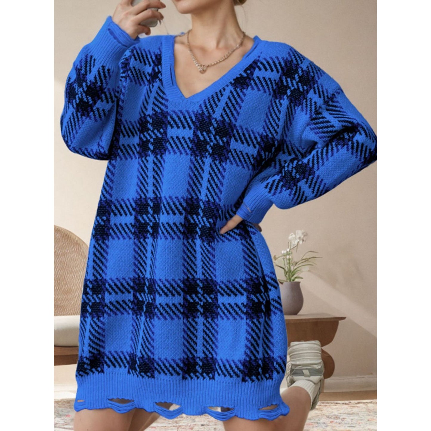 Distressed Plaid V-Neck Long Sleeve Sweater Dress