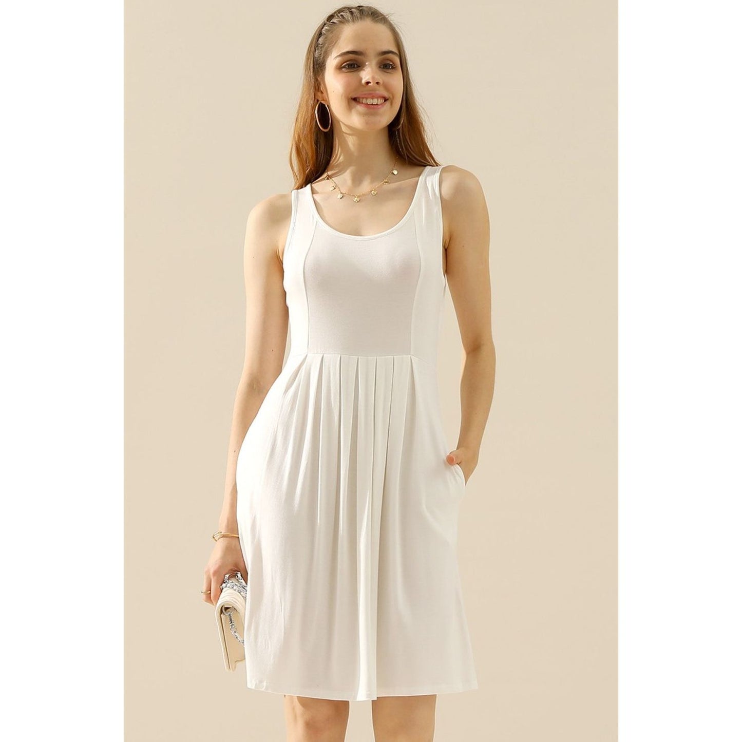 Doublju Full Size Round Neck Ruched Sleeveless Dress with Pockets